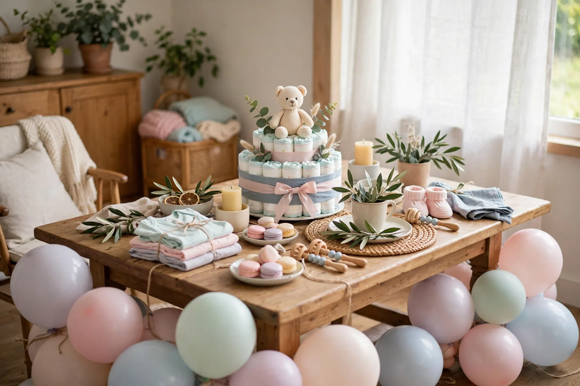 Pastel baby shower table with low balloons and a diaper cake centerpiece
