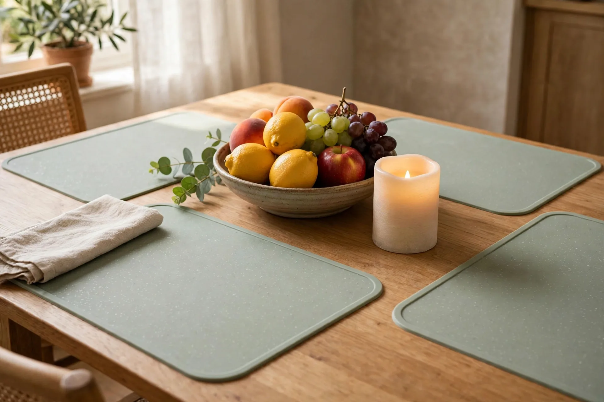Five minute Tuesday table with wipeable placemats fruit bowl and one flameless candle