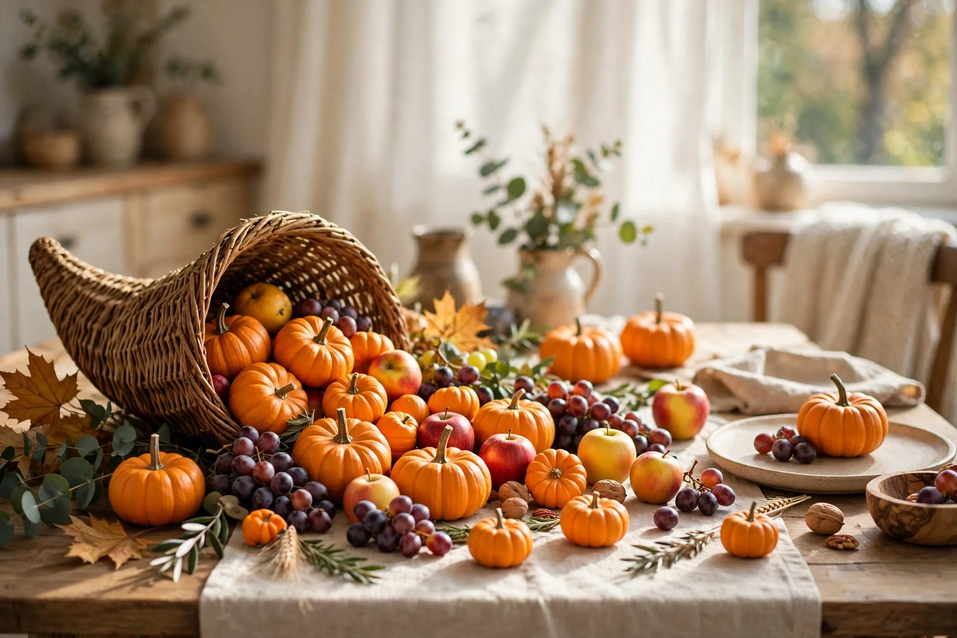 Thanksgiving tablescape with a woven cornucopia basket spilling mini pumpkins apples and grapes