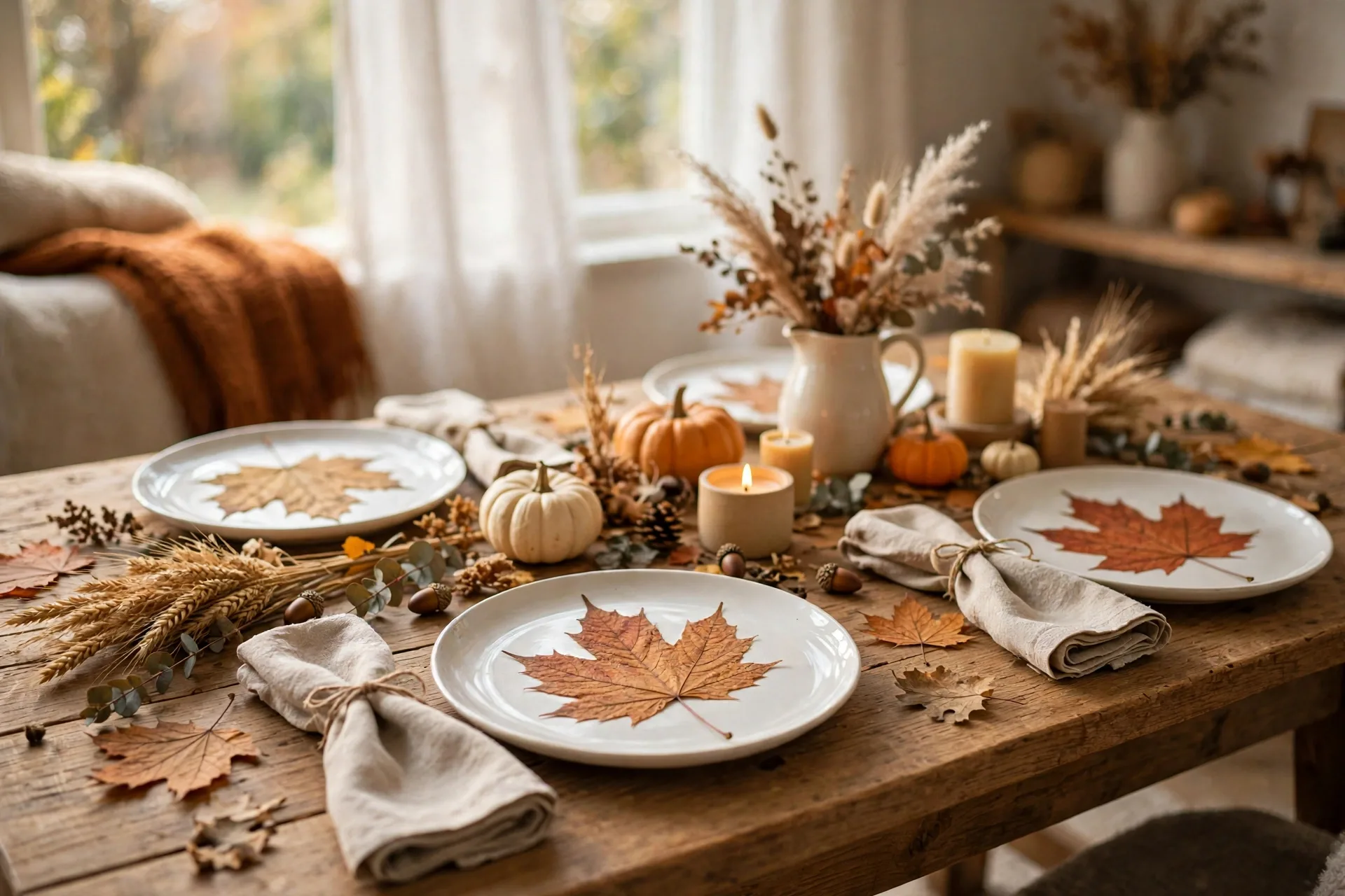 Fall tablescape with pressed autumn leaves as place cards on white plates