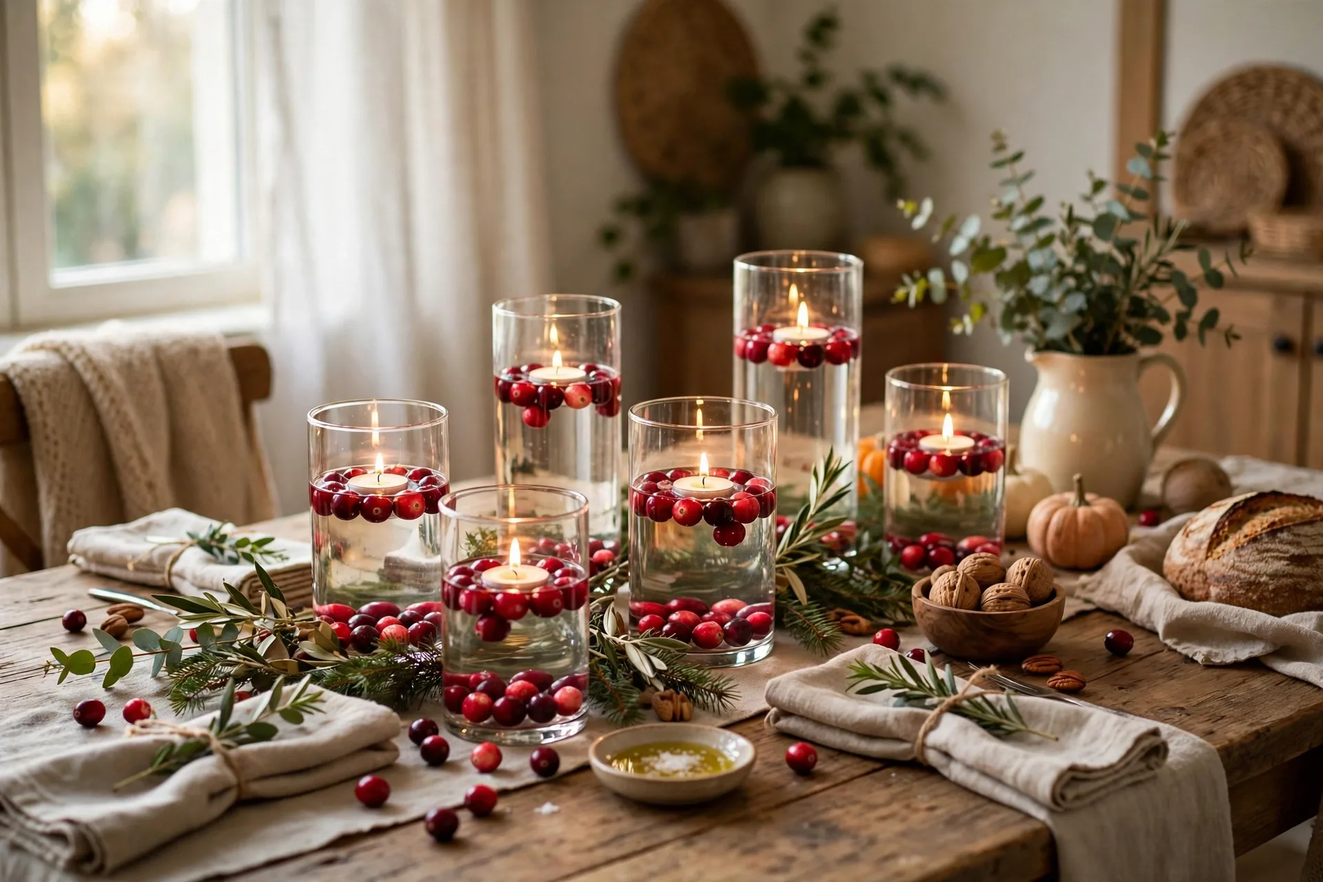 Thanksgiving table with glass cylinders of cranberries and floating tea lights