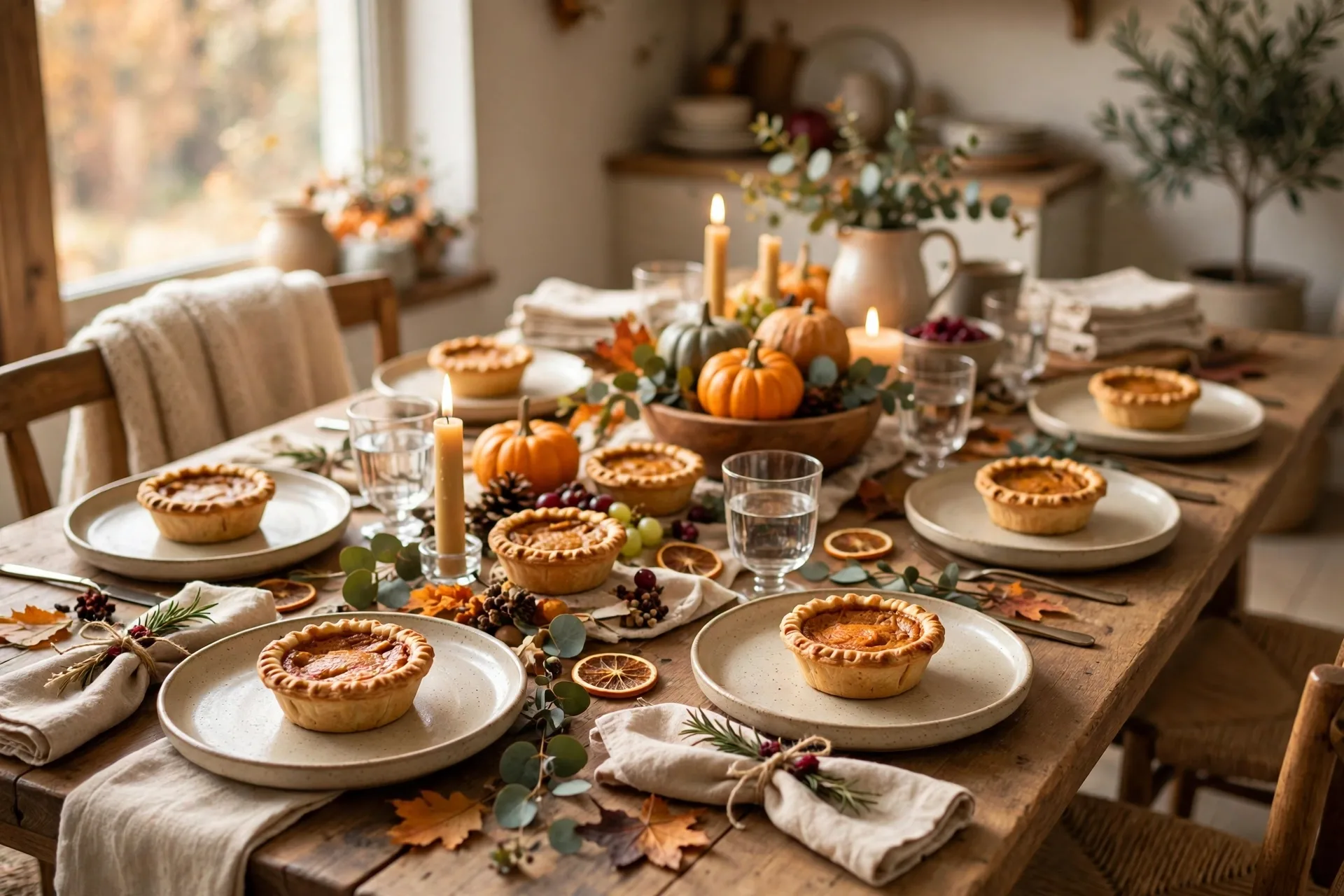 Thanksgiving table with mini pies as place settings on each plate