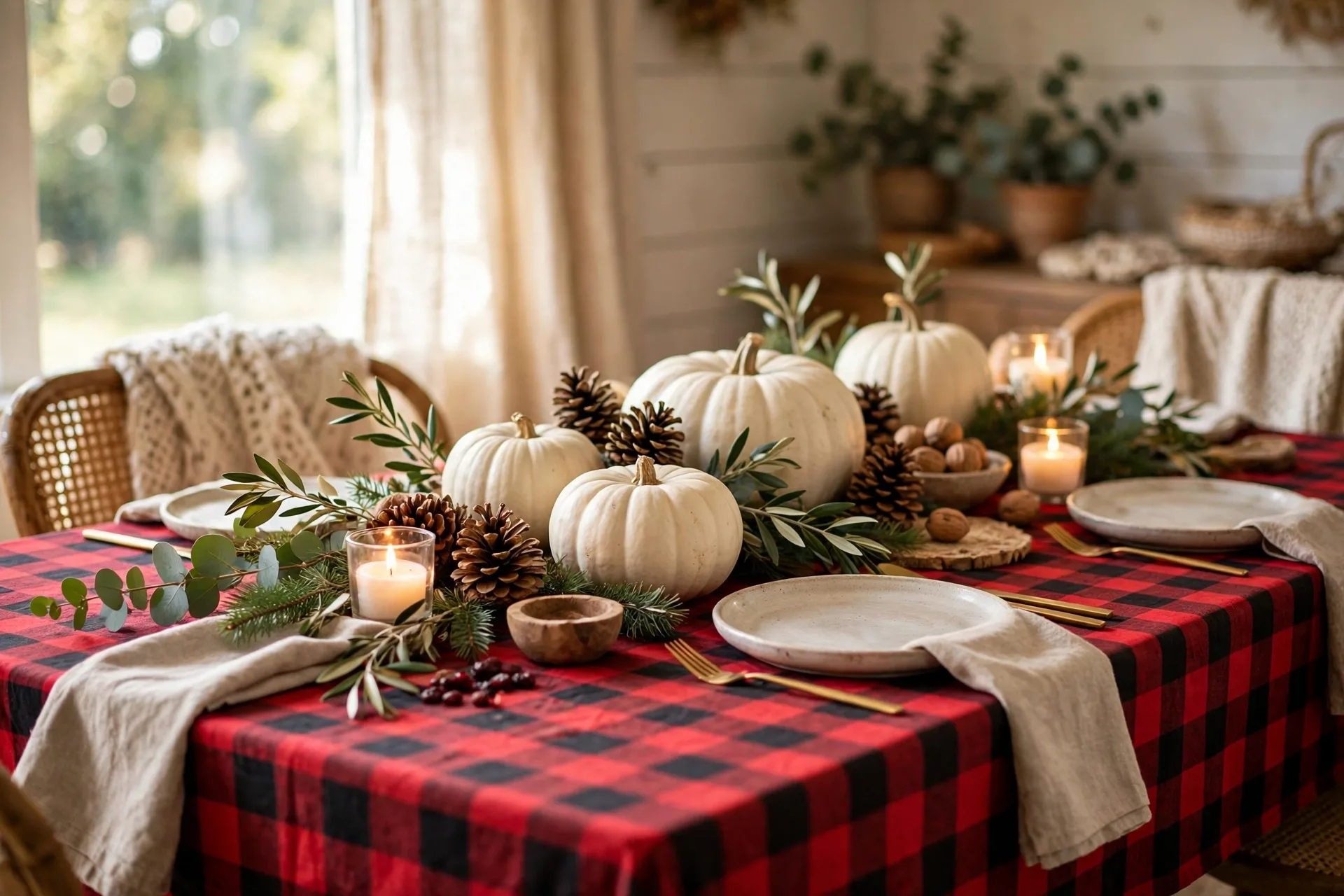 Thanksgiving table with red buffalo plaid cloth white pumpkins and pinecones