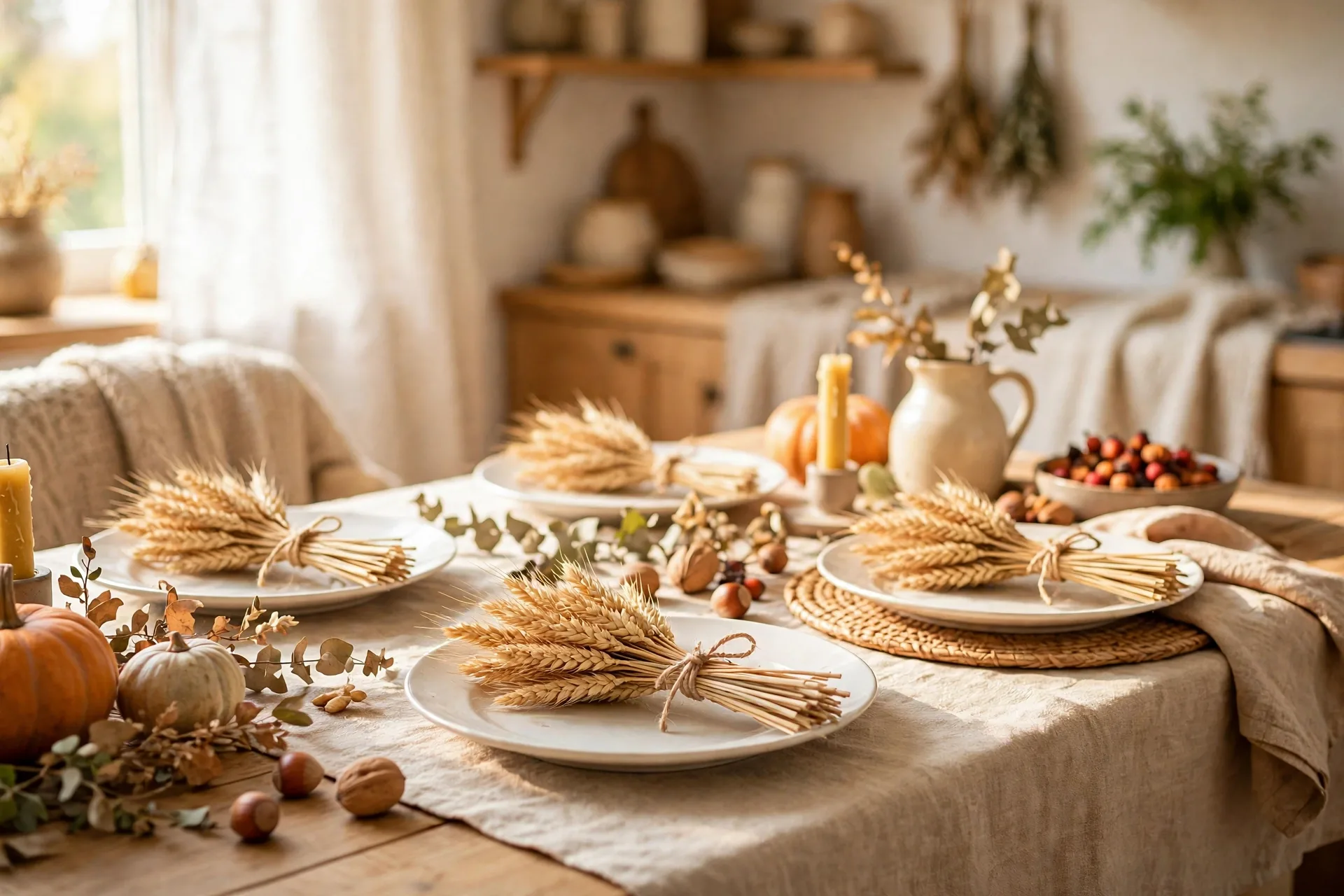 Harvest tablescape with dried wheat bundles tied with twine on white plates