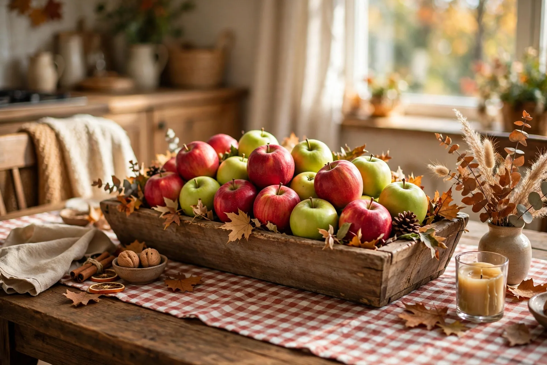 Fall tablescape with a wooden trough of red and green apples on a gingham runner