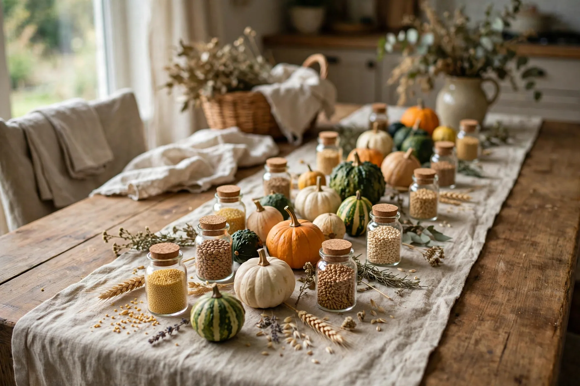 Harvest table with small gourds and tiny jars of dried grains down a linen runner