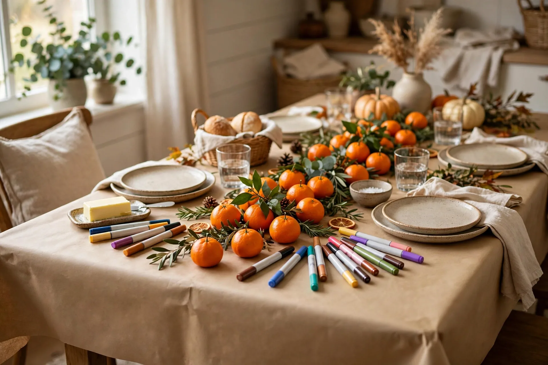 Friendsgiving table covered in kraft paper with markers and clementines down the center