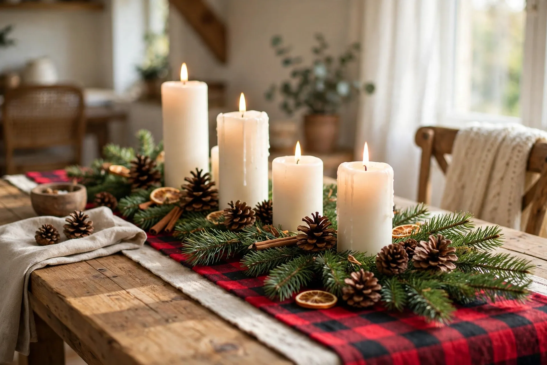 Christmas table with plaid runner pinecones fresh pine sprigs and pillar candles