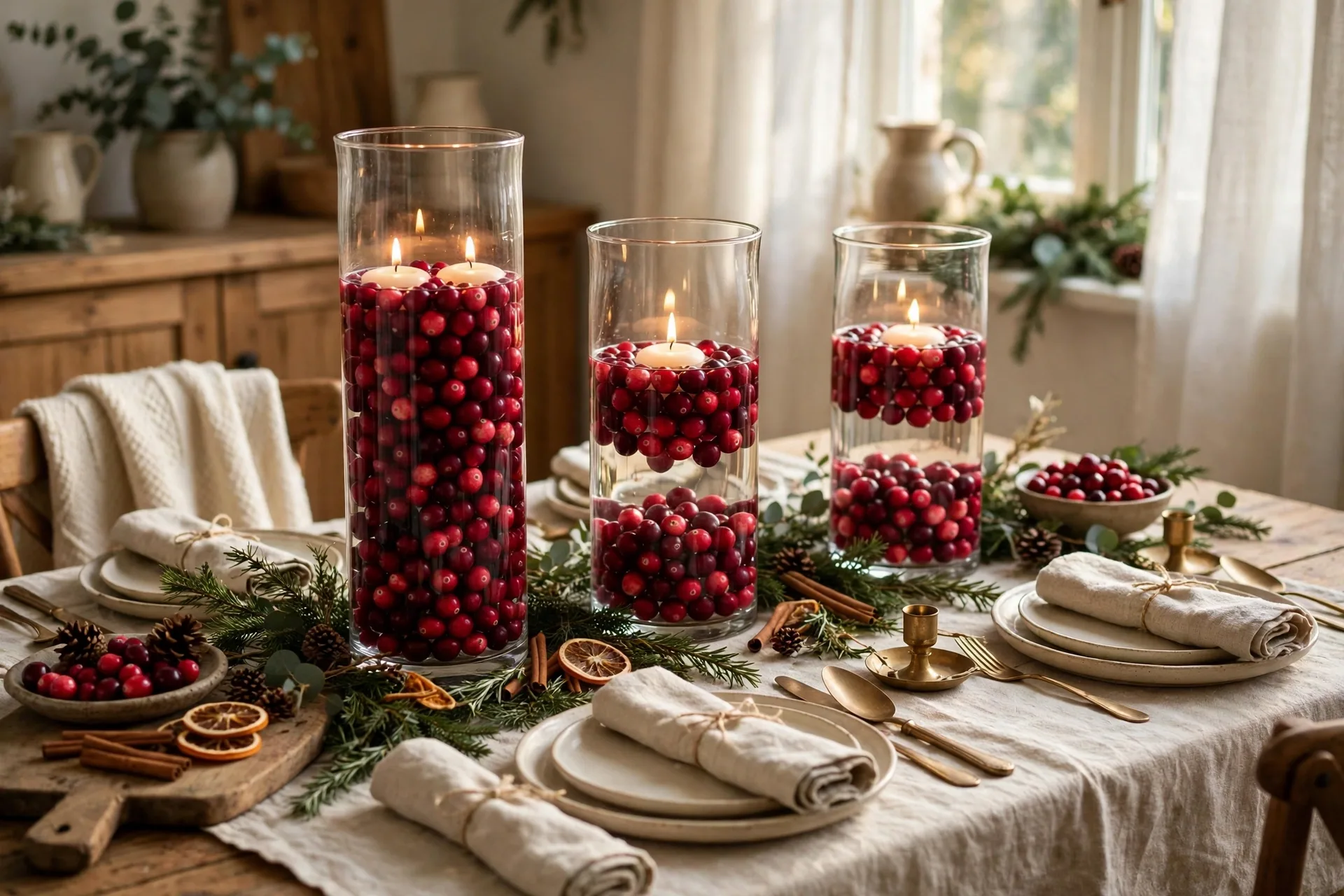 Christmas table with tall glass hurricanes of cranberries and floating candles