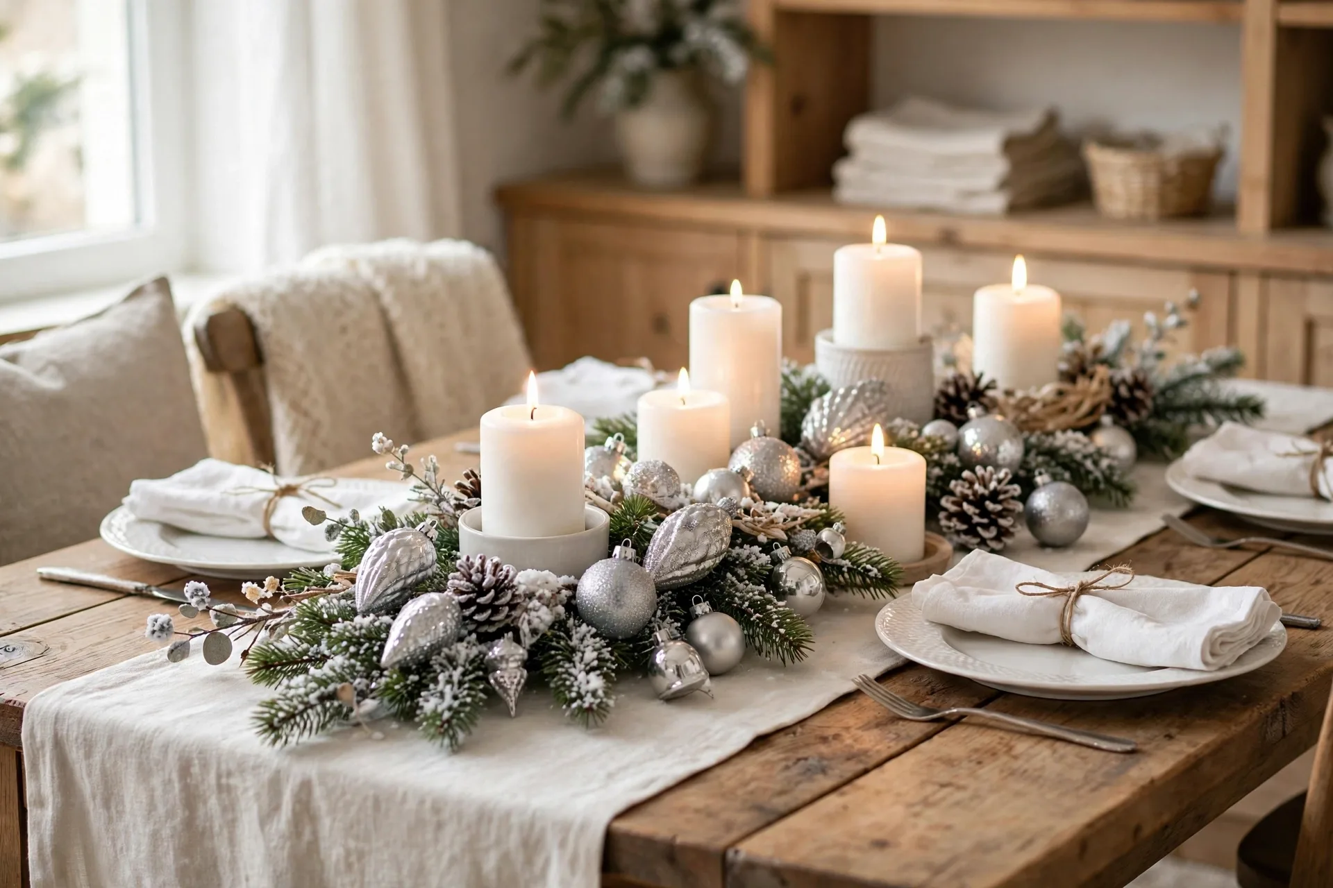 White Christmas tablescape with snow-dusted branches silver ornaments and white candles