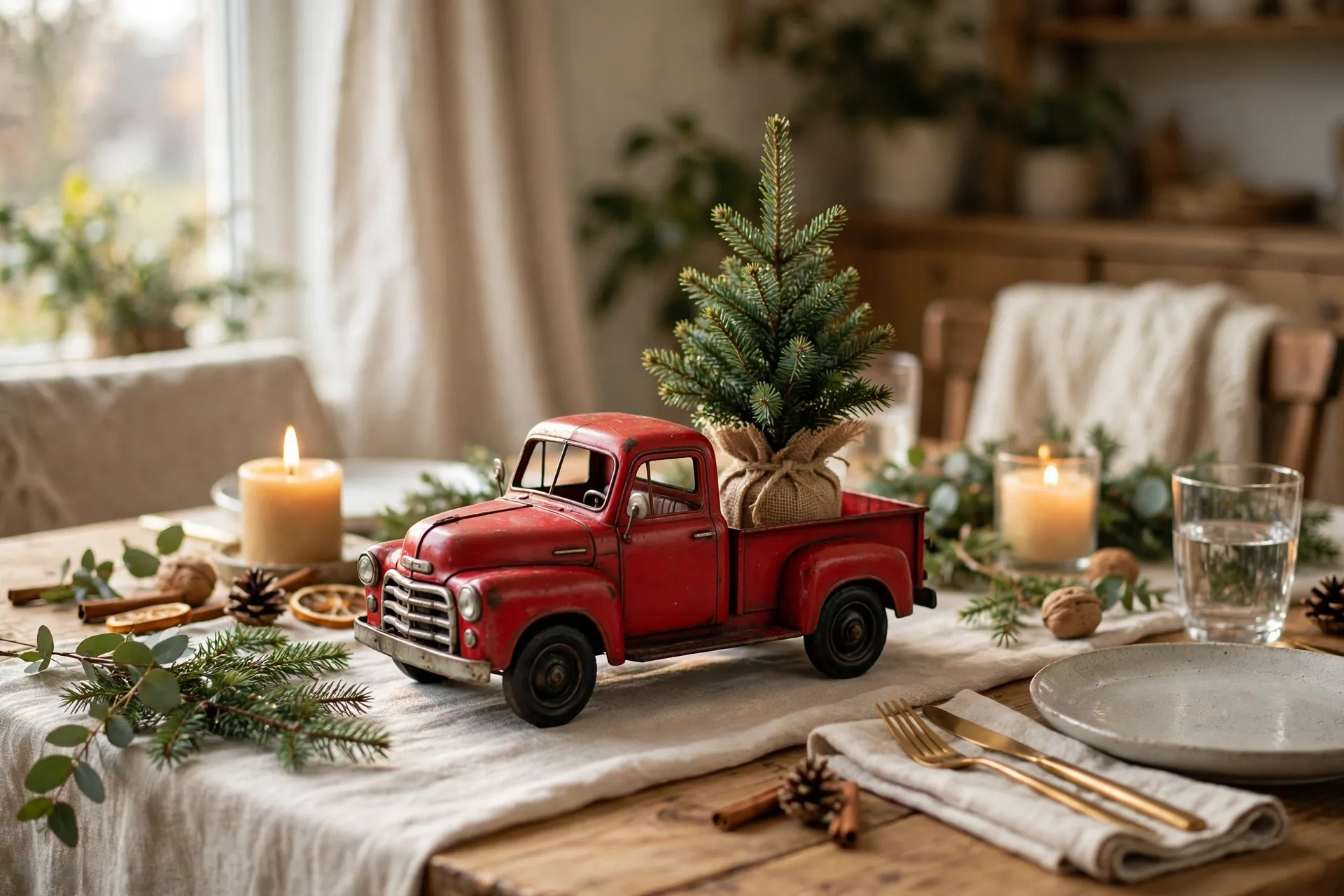 Christmas table with a small red toy truck carrying a tiny tree as centerpiece