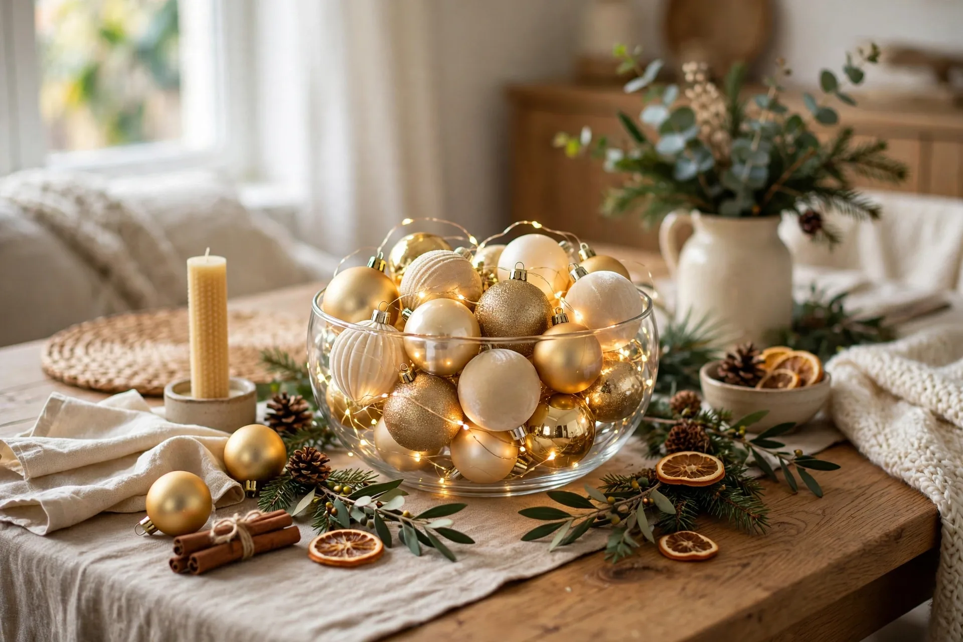 Christmas table with a glass bowl of gold and cream ornaments and fairy lights