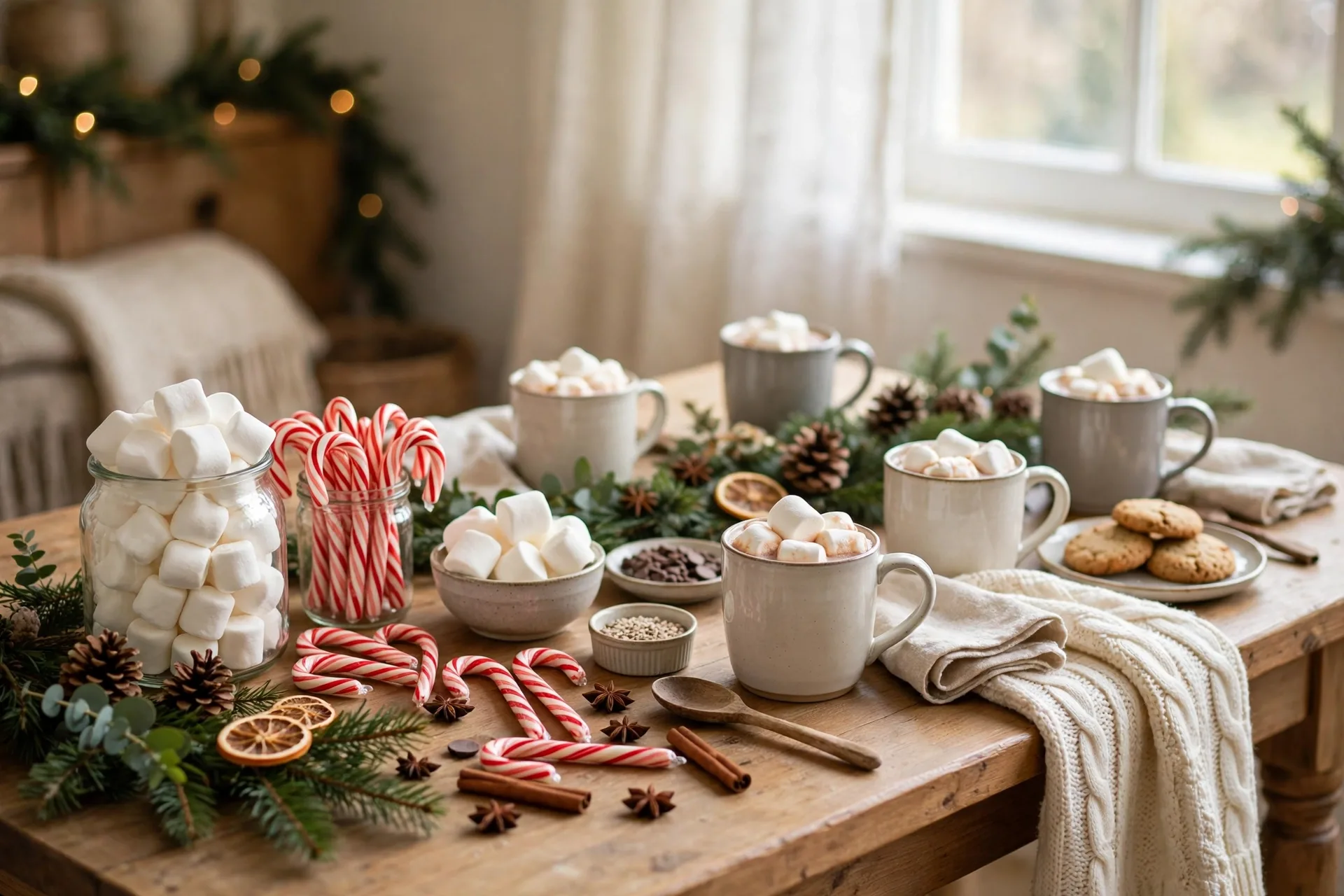 Christmas table set as a hot cocoa bar with mugs marshmallows and candy canes