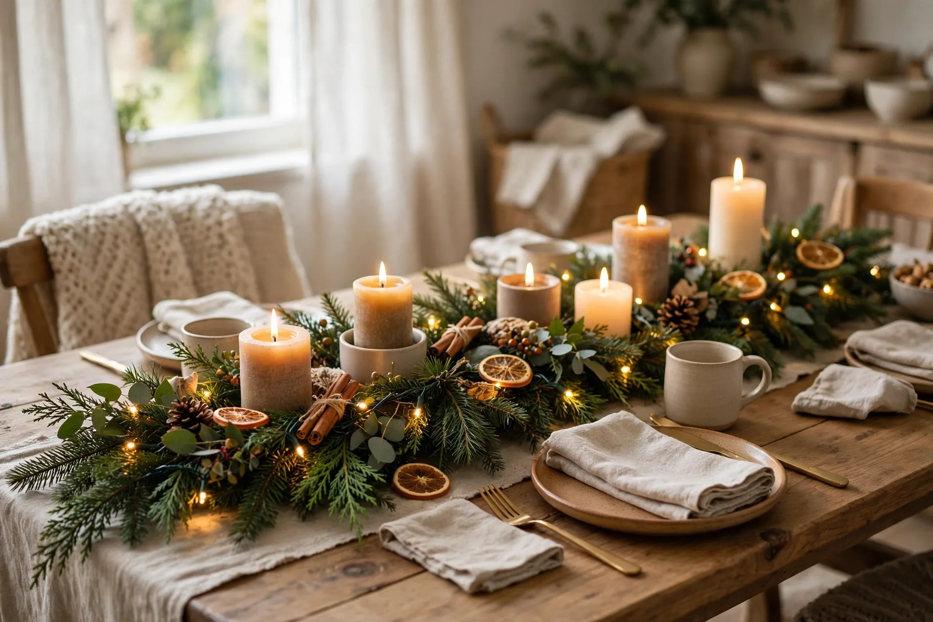 Christmas table with evergreen branches woven with warm fairy lights and pillar candles