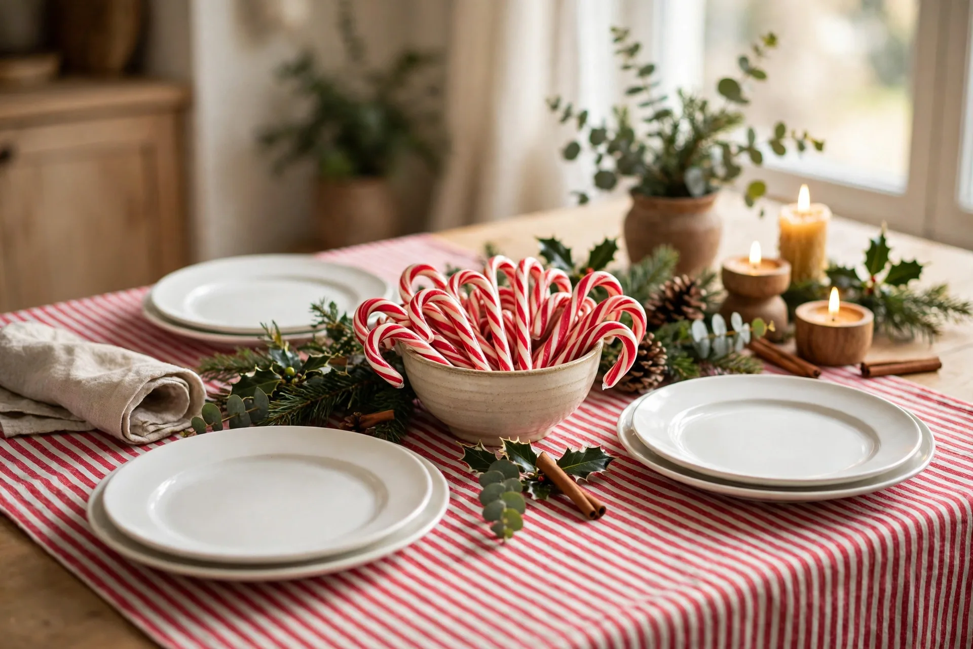 Christmas table with red and white striped runner white plates and a bowl of candy canes