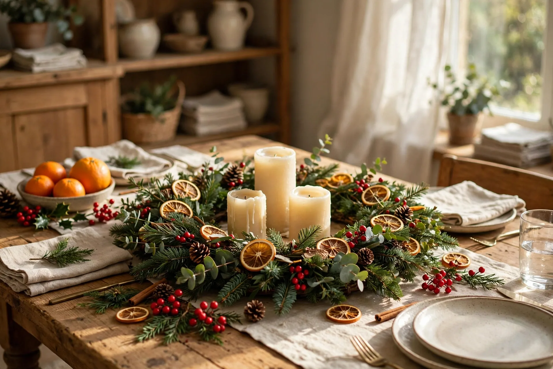 Christmas table with a flat wreath centerpiece holding pillar candles and red berries