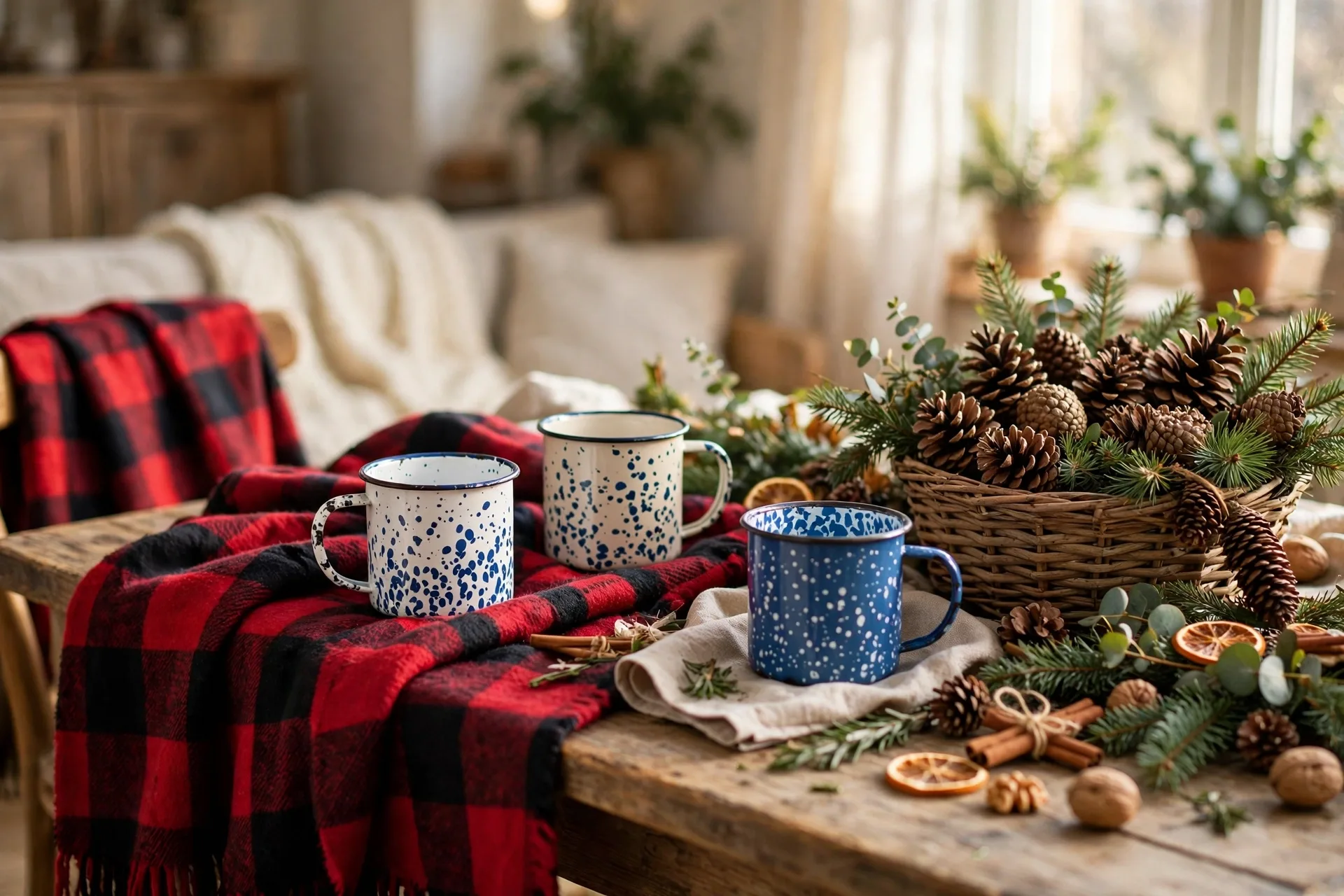 Cozy Christmas table with a flannel throw enamel mugs and a basket of pinecones