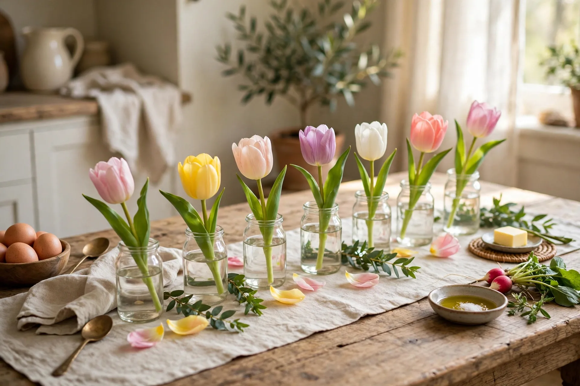 Spring table with single tulips in small glass jars down a linen runner