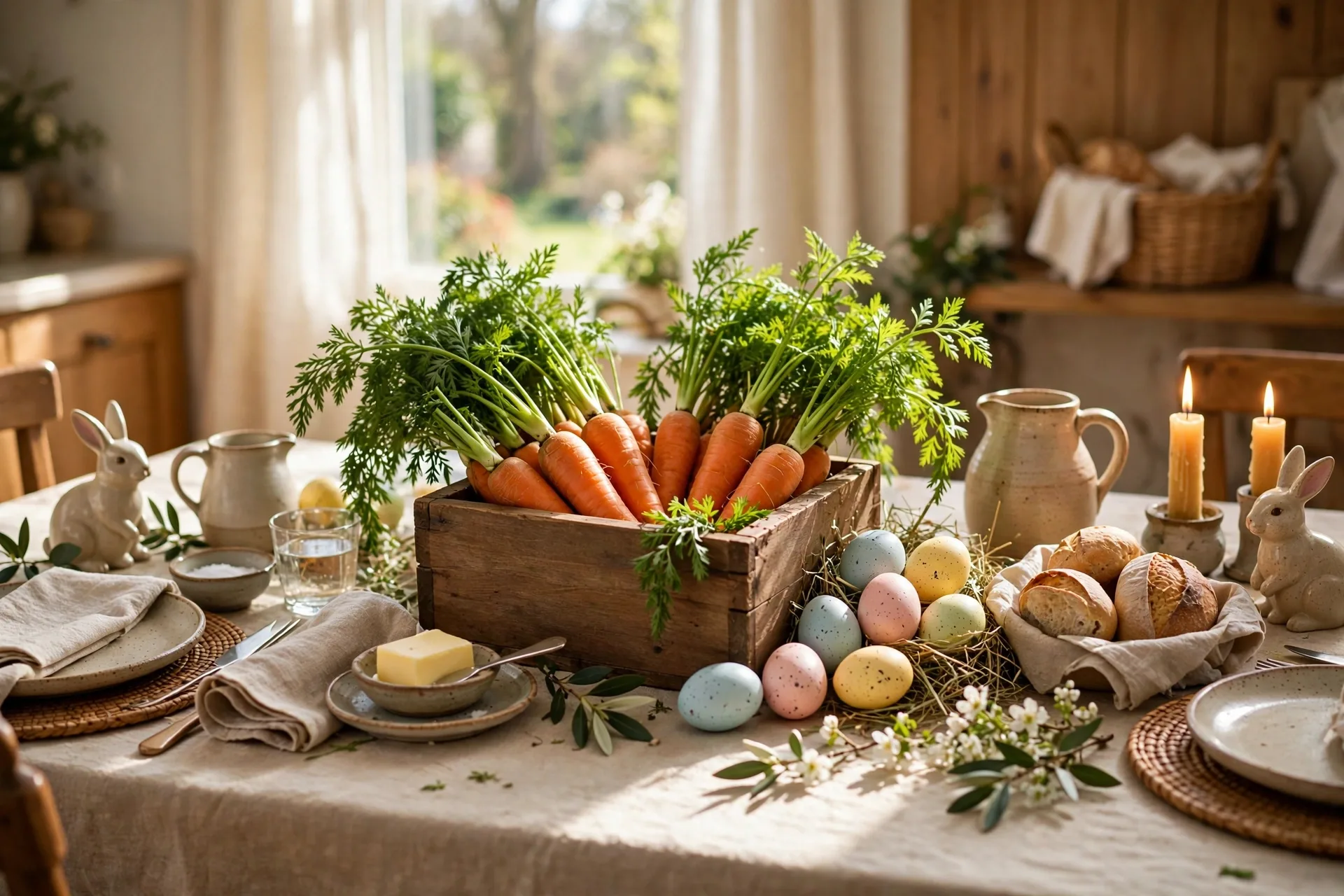 Easter table with a wooden box of carrots with green tops as centerpiece