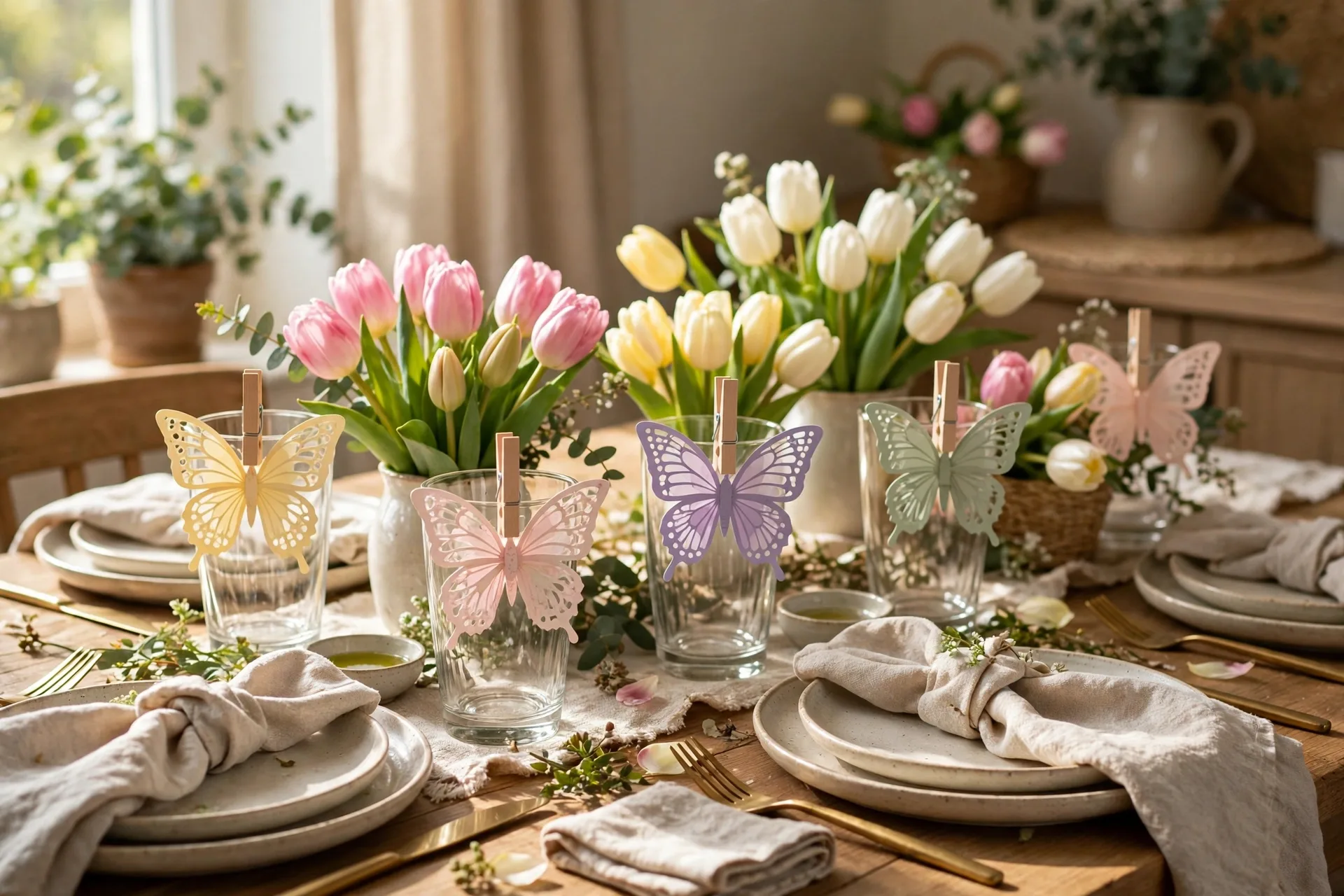 Spring table with paper butterfly place cards clipped to glasses and tulips