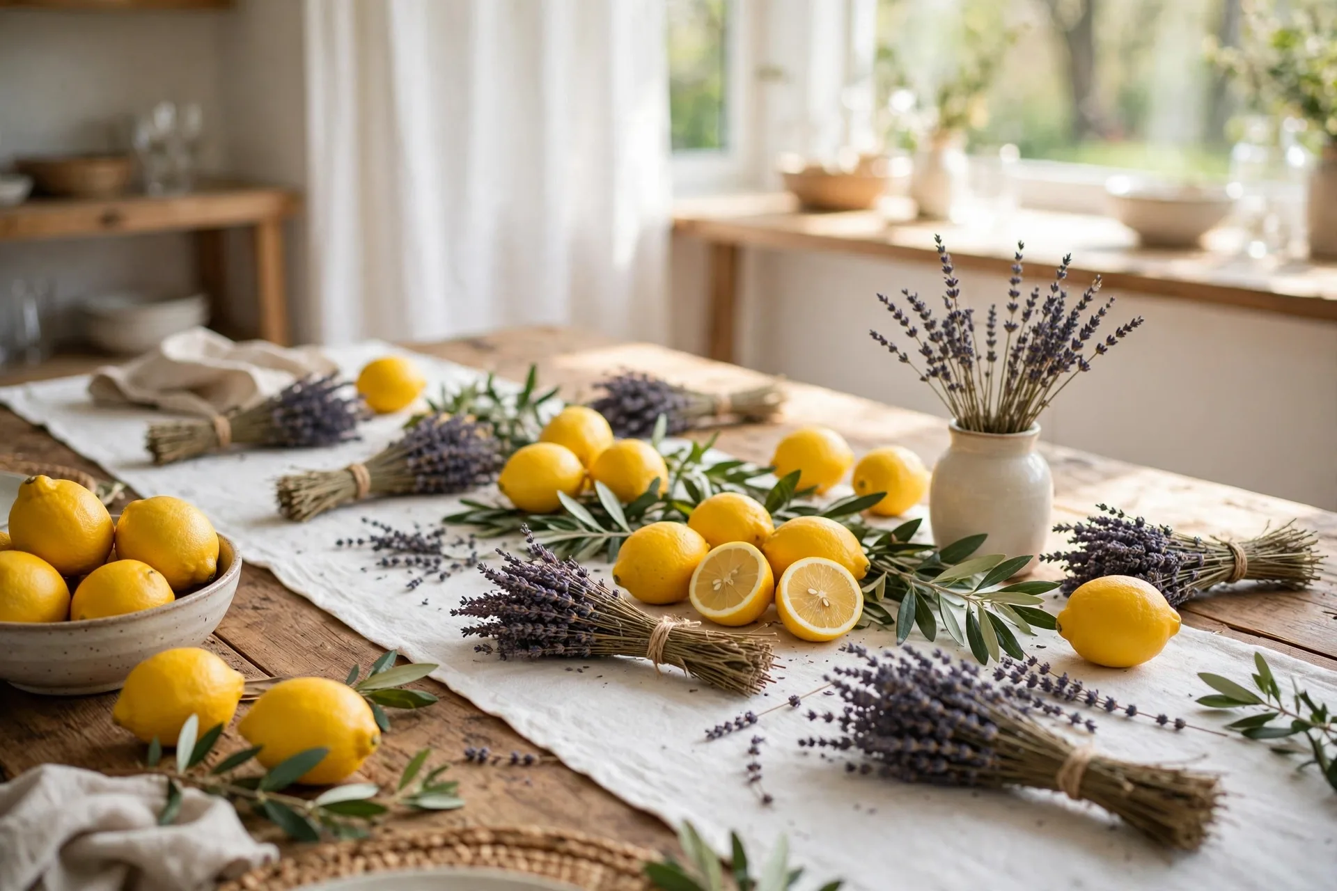 Spring table with lemons and dried lavender bundles down a white runner