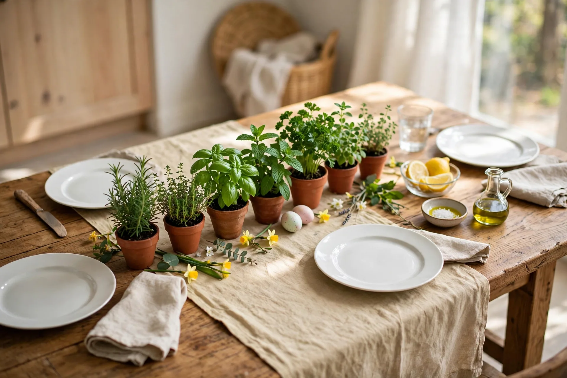 Spring table with small potted herbs down the runner and white plates