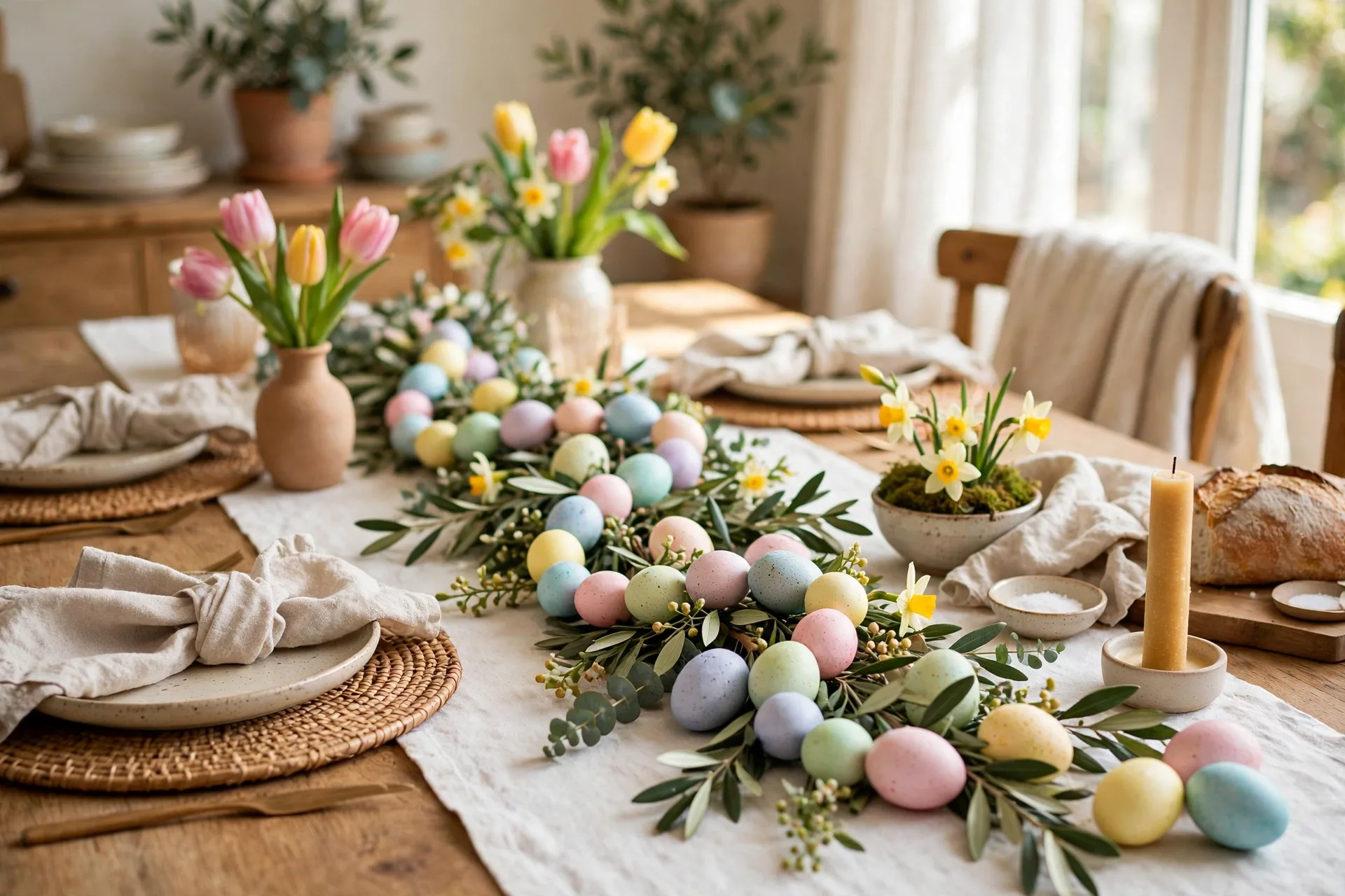 Easter table with a garland of dyed pastel eggs draped down a white runner