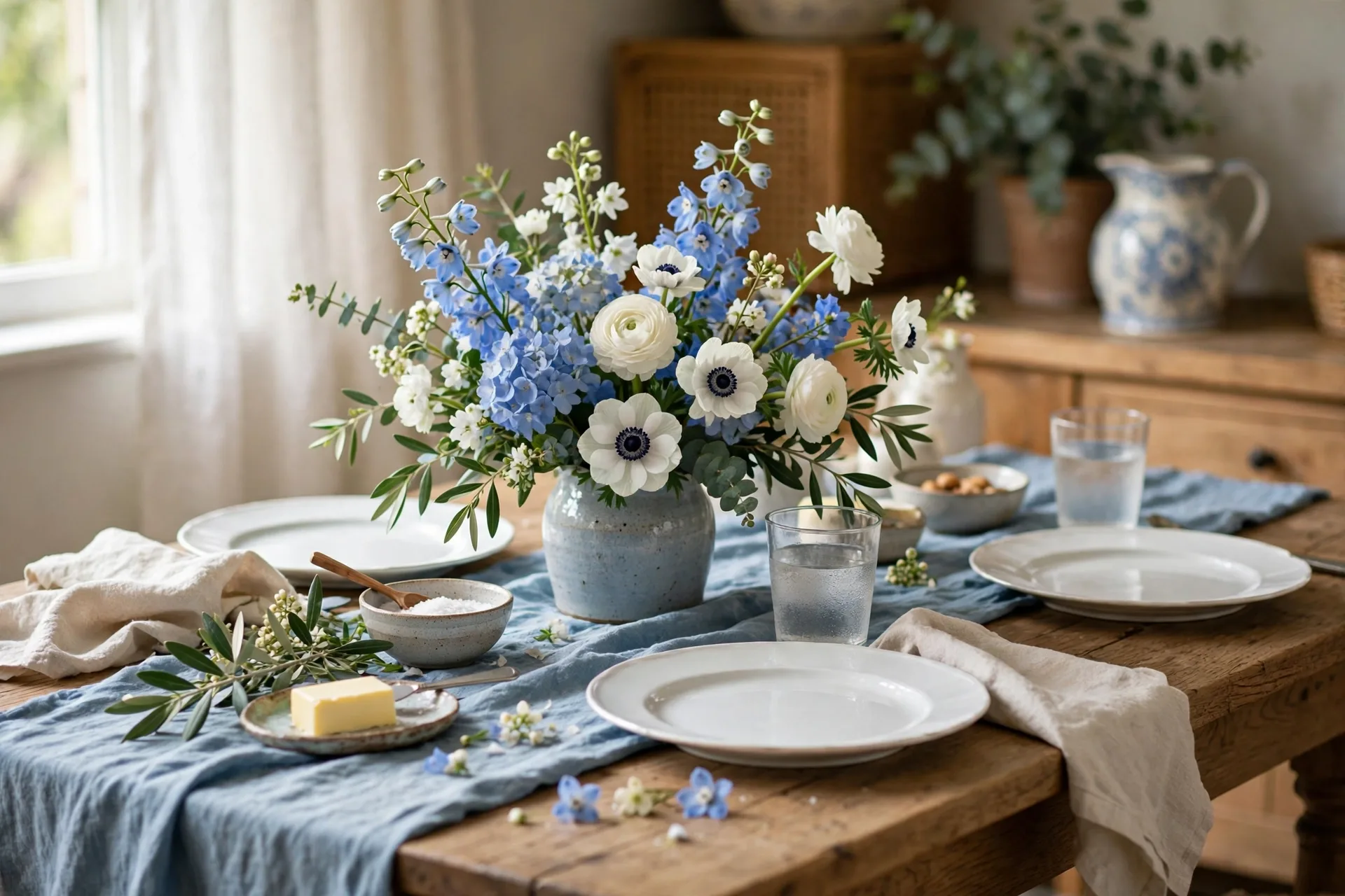 Spring table with a soft blue runner white plates and blue and white flowers