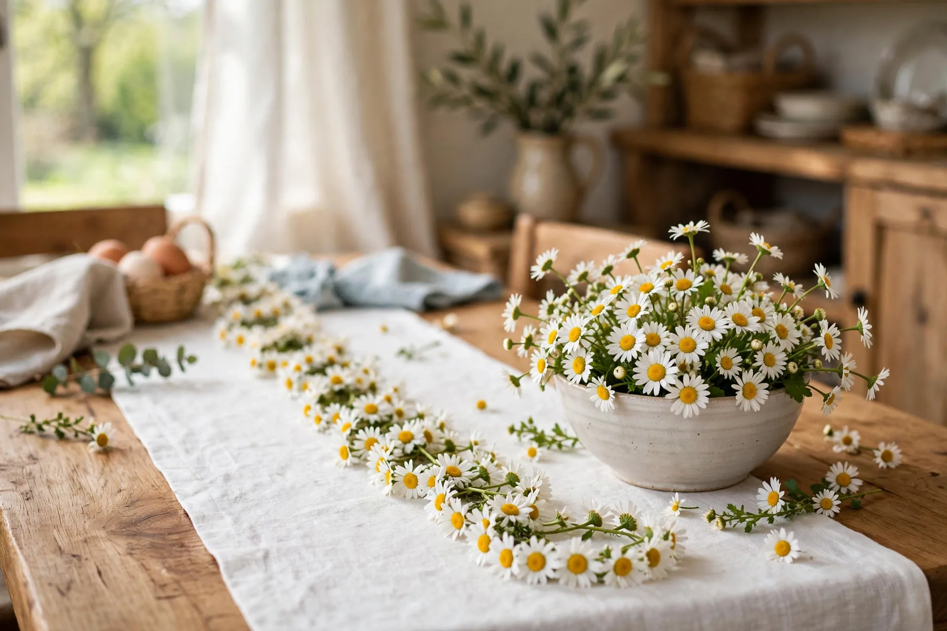 Spring table with a daisy chain down a white runner and a bowl of daisies