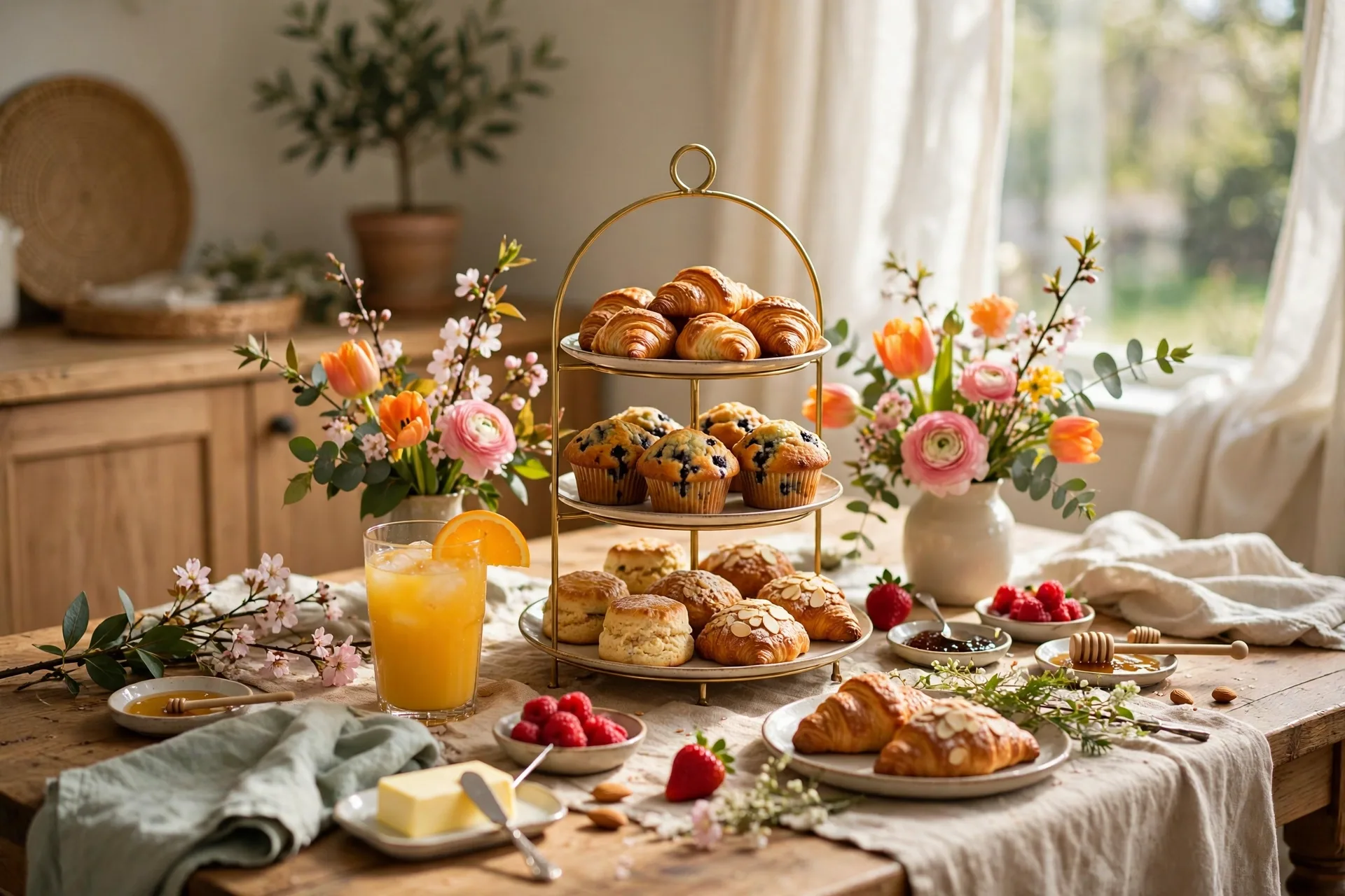 Spring brunch table with blooms orange juice and a tiered stand of pastries