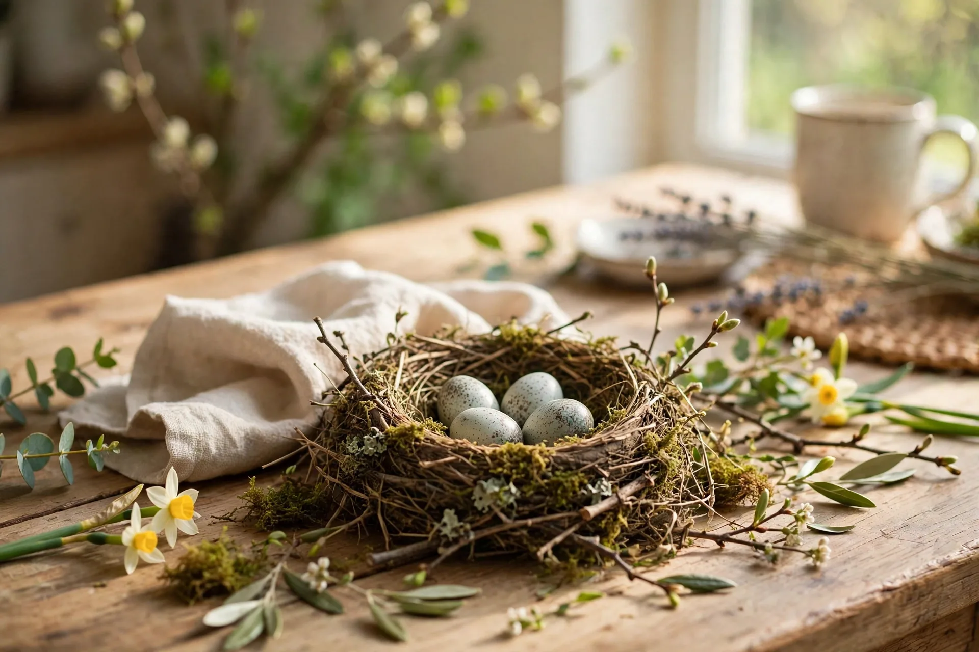 Spring table with a twig and moss bird nest holding speckled eggs
