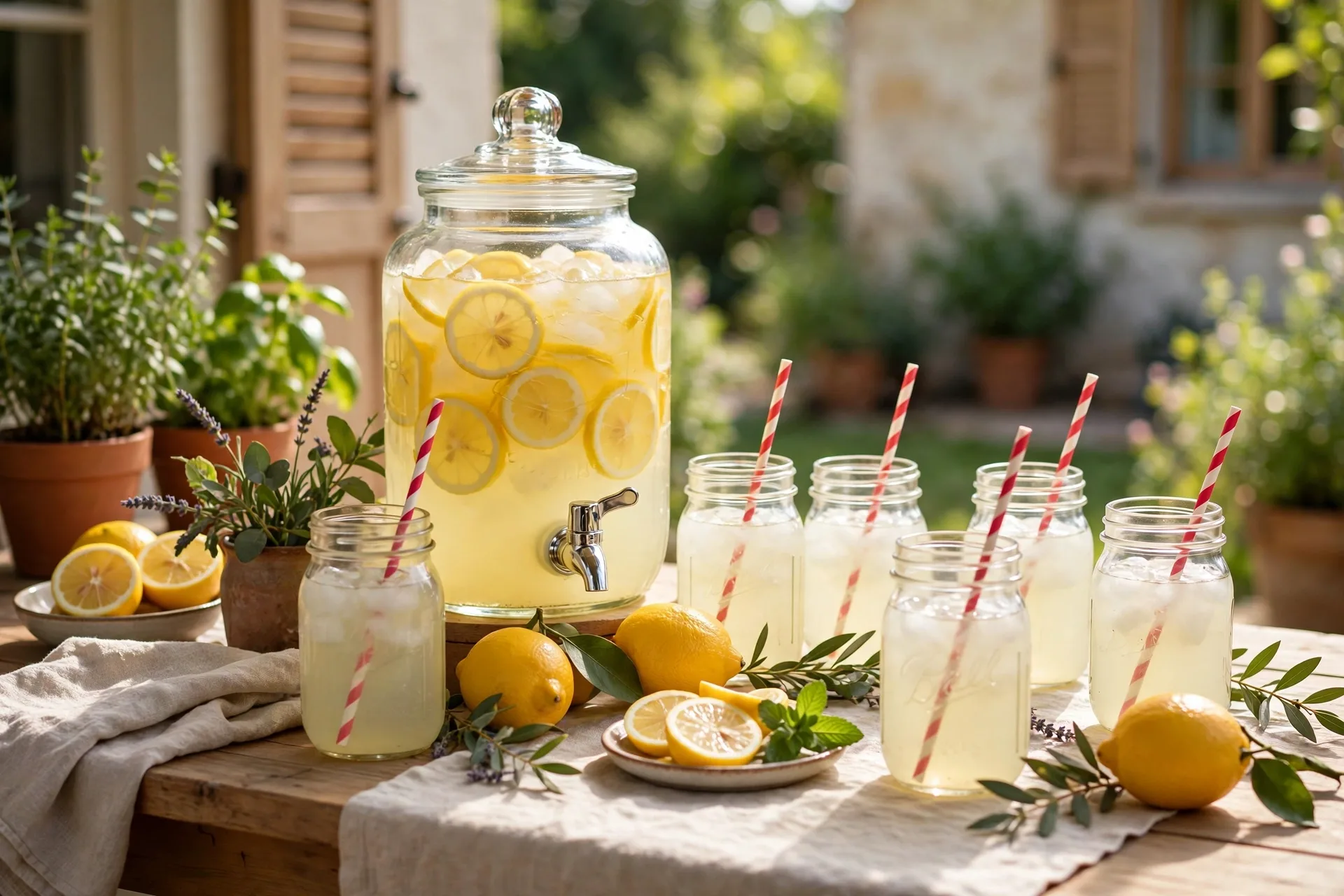 Summer table with a lemonade dispenser striped straws and mason jars