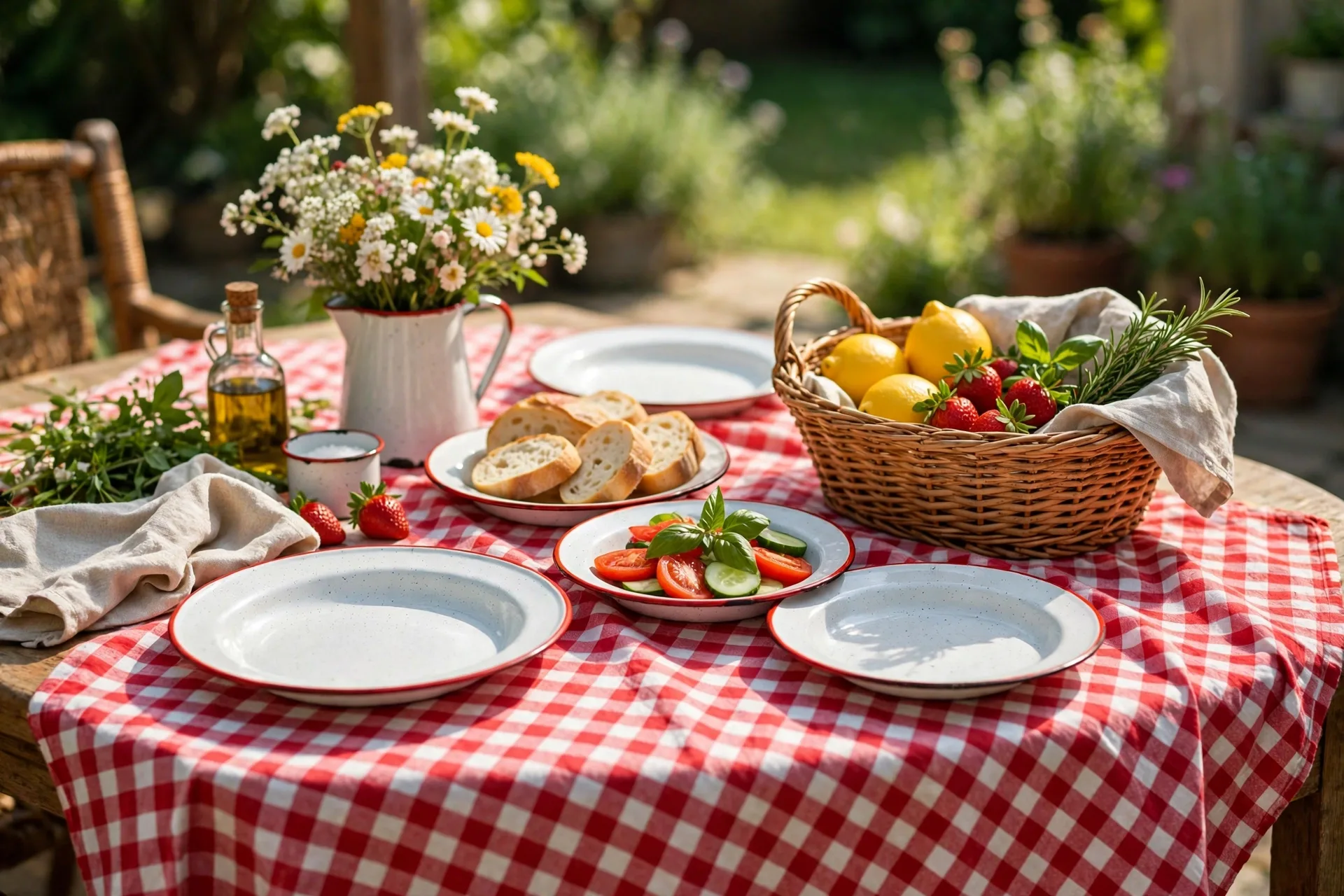 Summer table with a red checked blanket enamel plates and a wicker basket