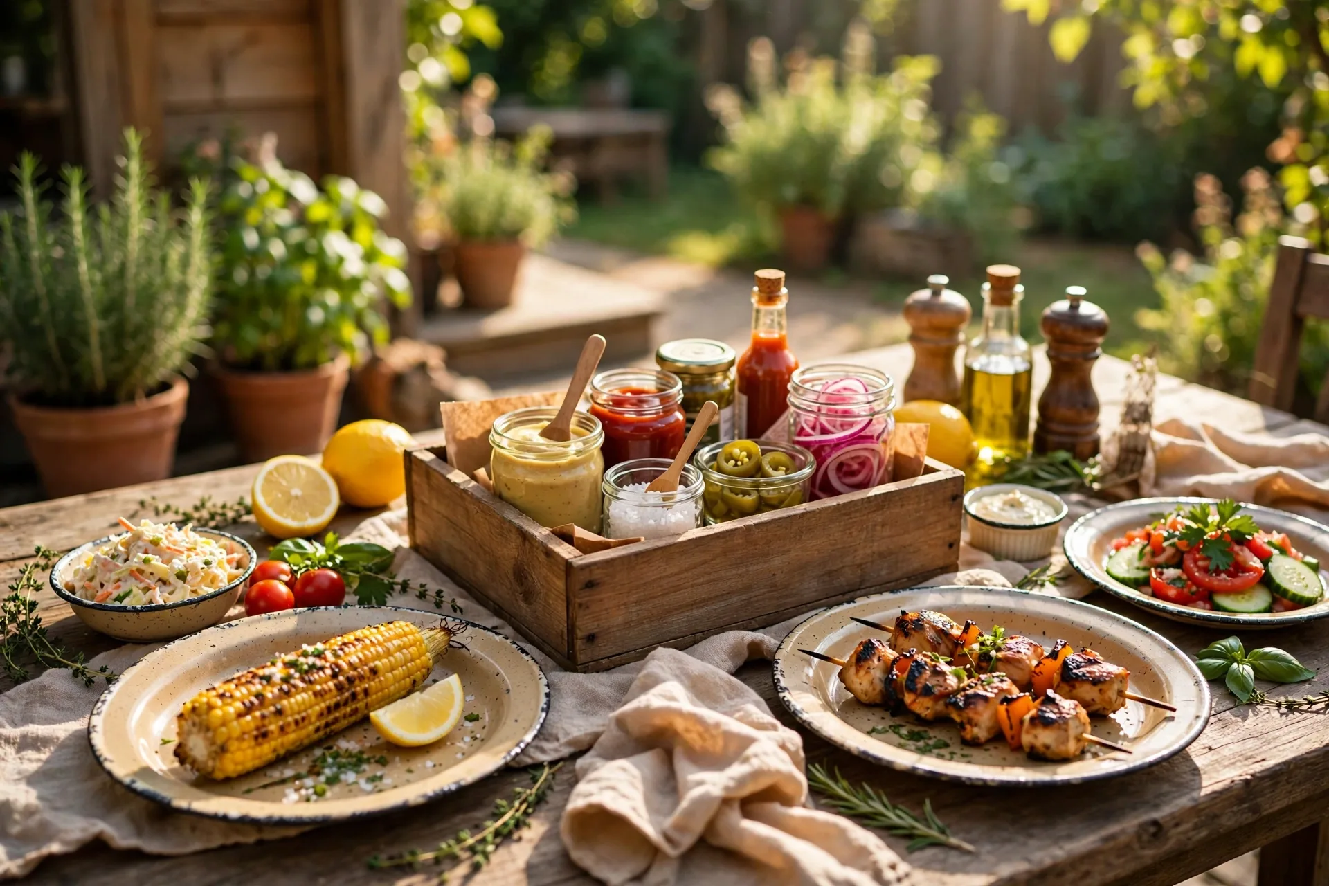 Summer barbecue table with kraft paper enamel plates and condiments in a wooden crate