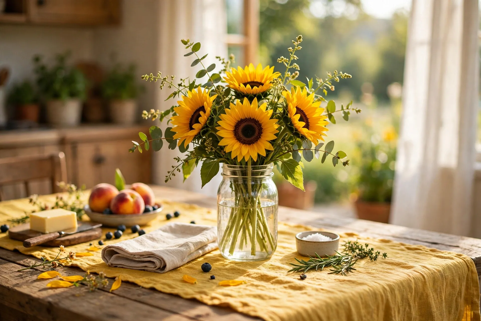 Summer table with sunflowers in a mason jar on a yellow runner