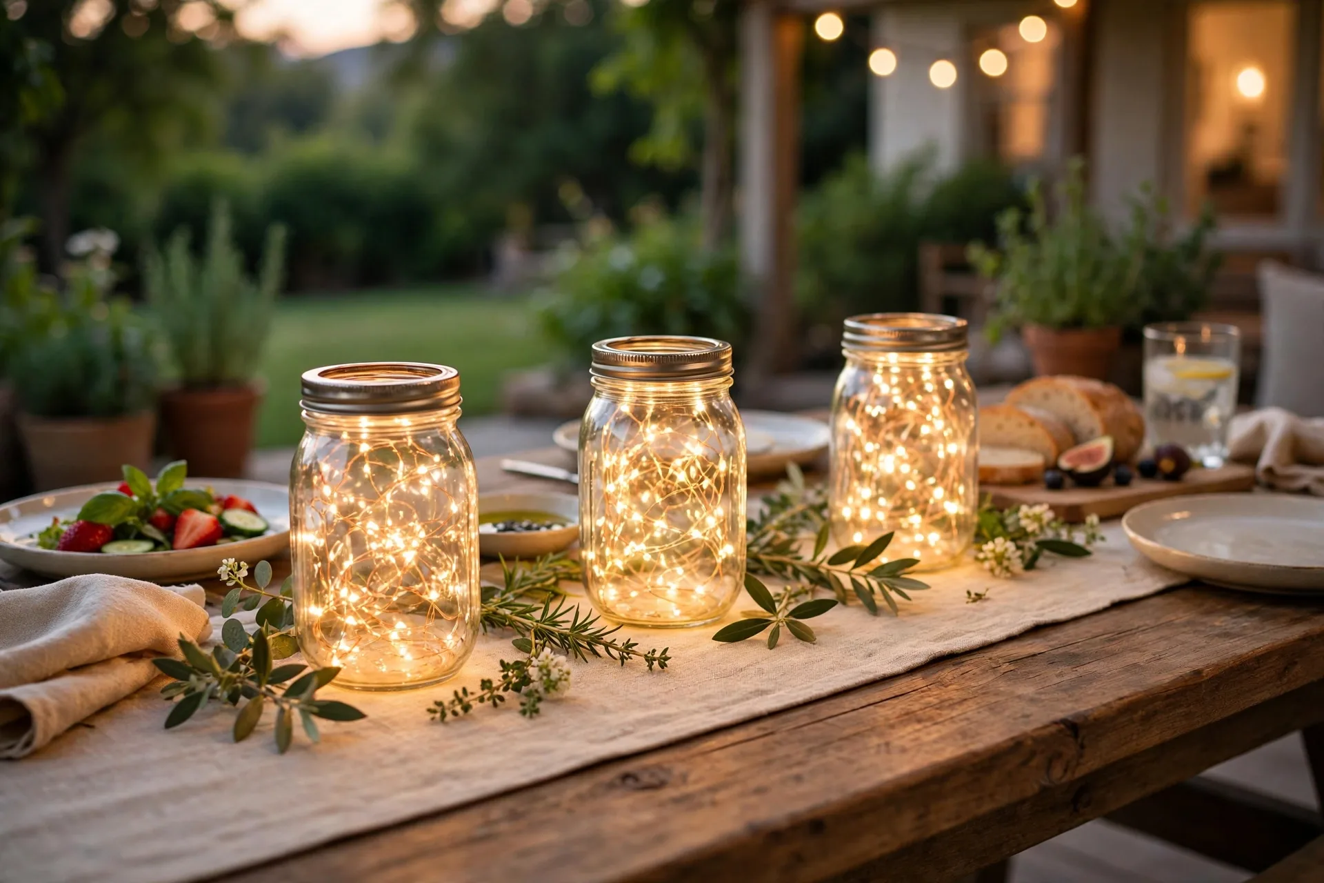 Summer evening table with mason jars of fairy lights glowing down the runner