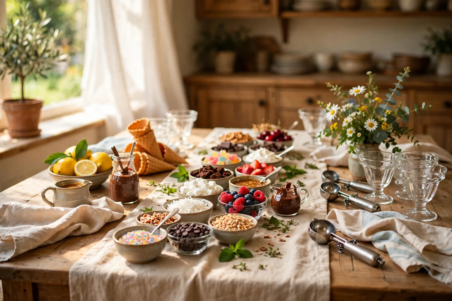 Summer table set as an ice cream sundae bar with toppings down the center