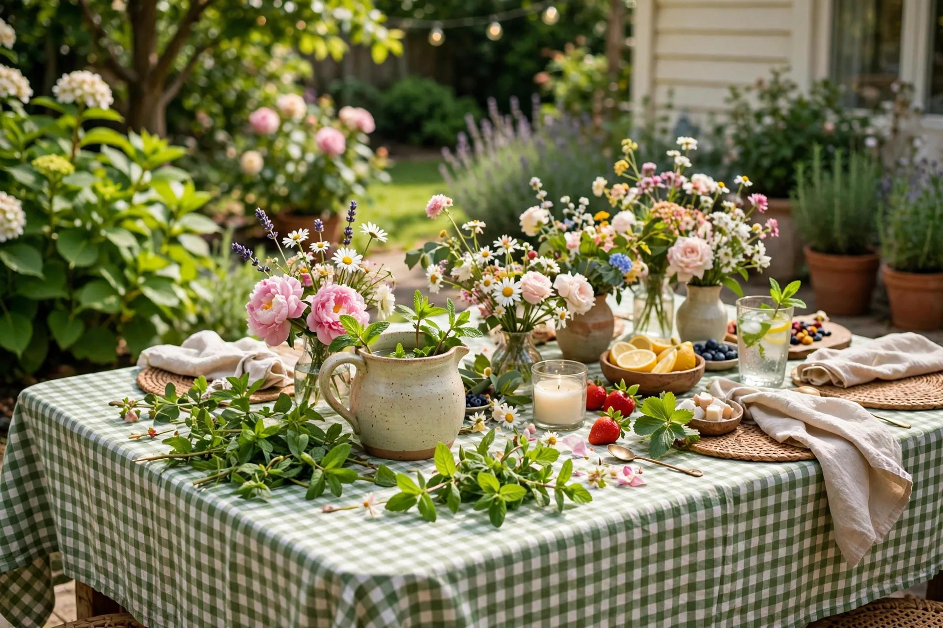 Summer garden party table with green gingham cloth mint sprigs and garden flowers