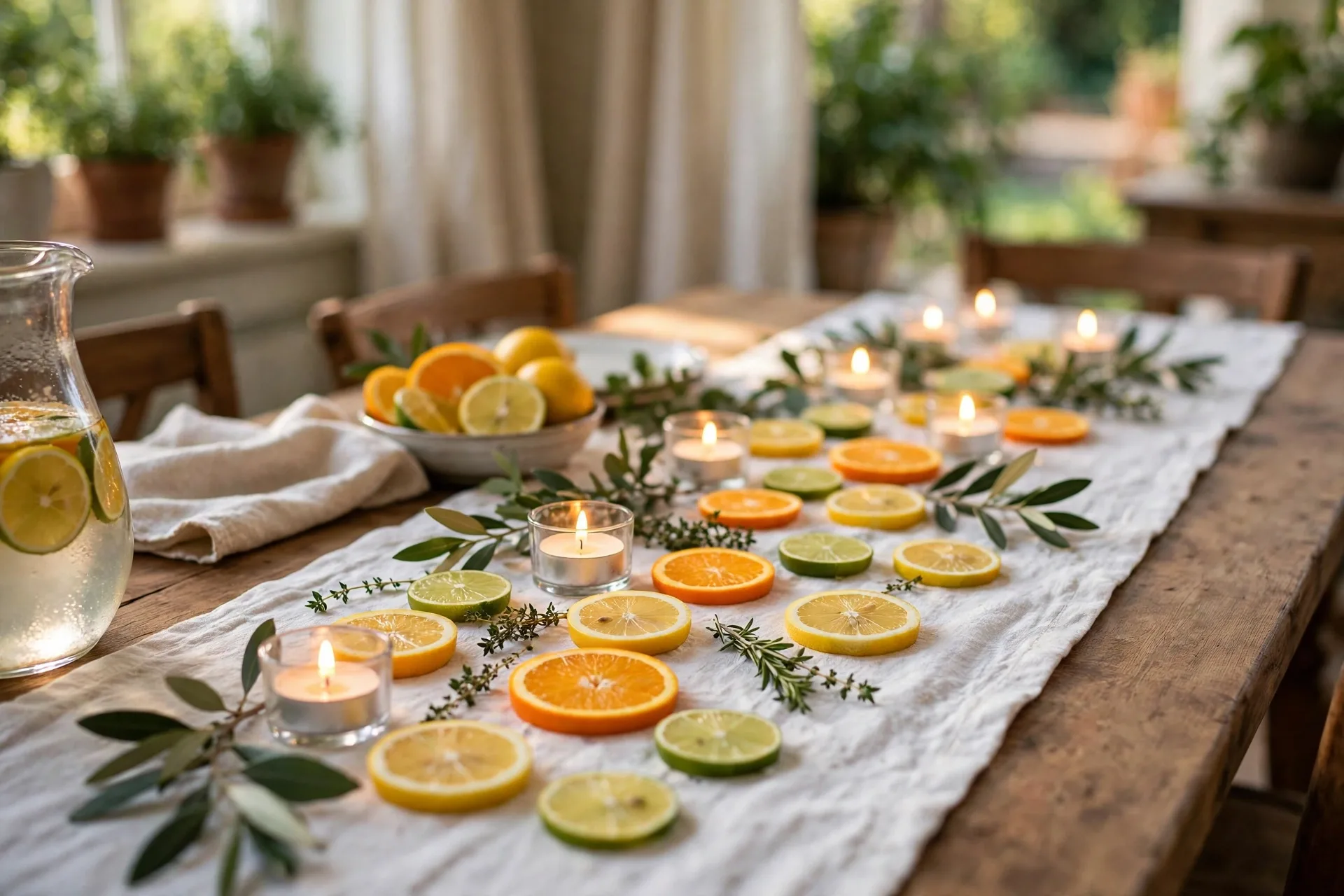 Summer table with citrus wheels and tea lights down a white runner