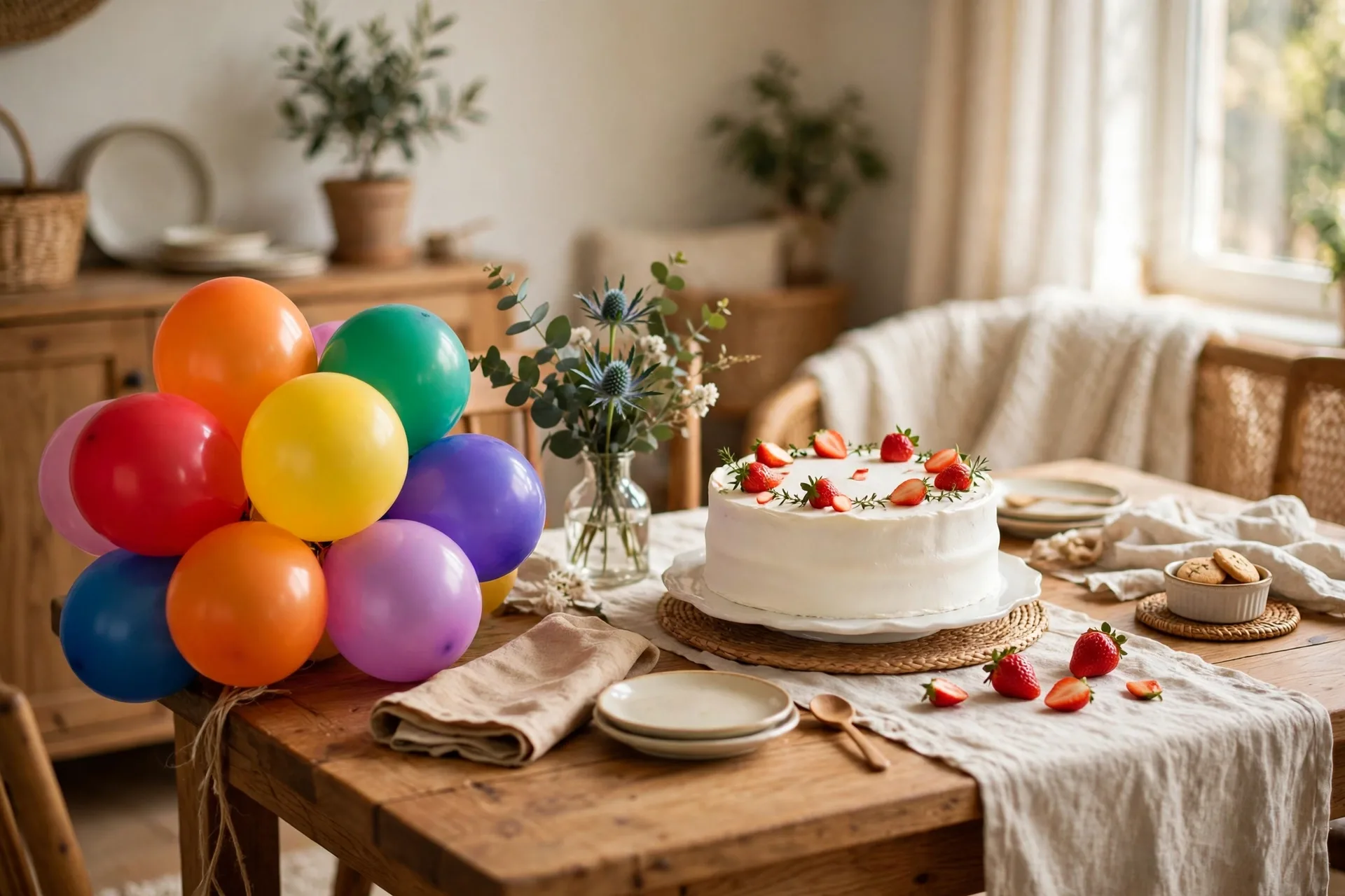 Birthday table with a low cluster of rainbow balloons and a white cake
