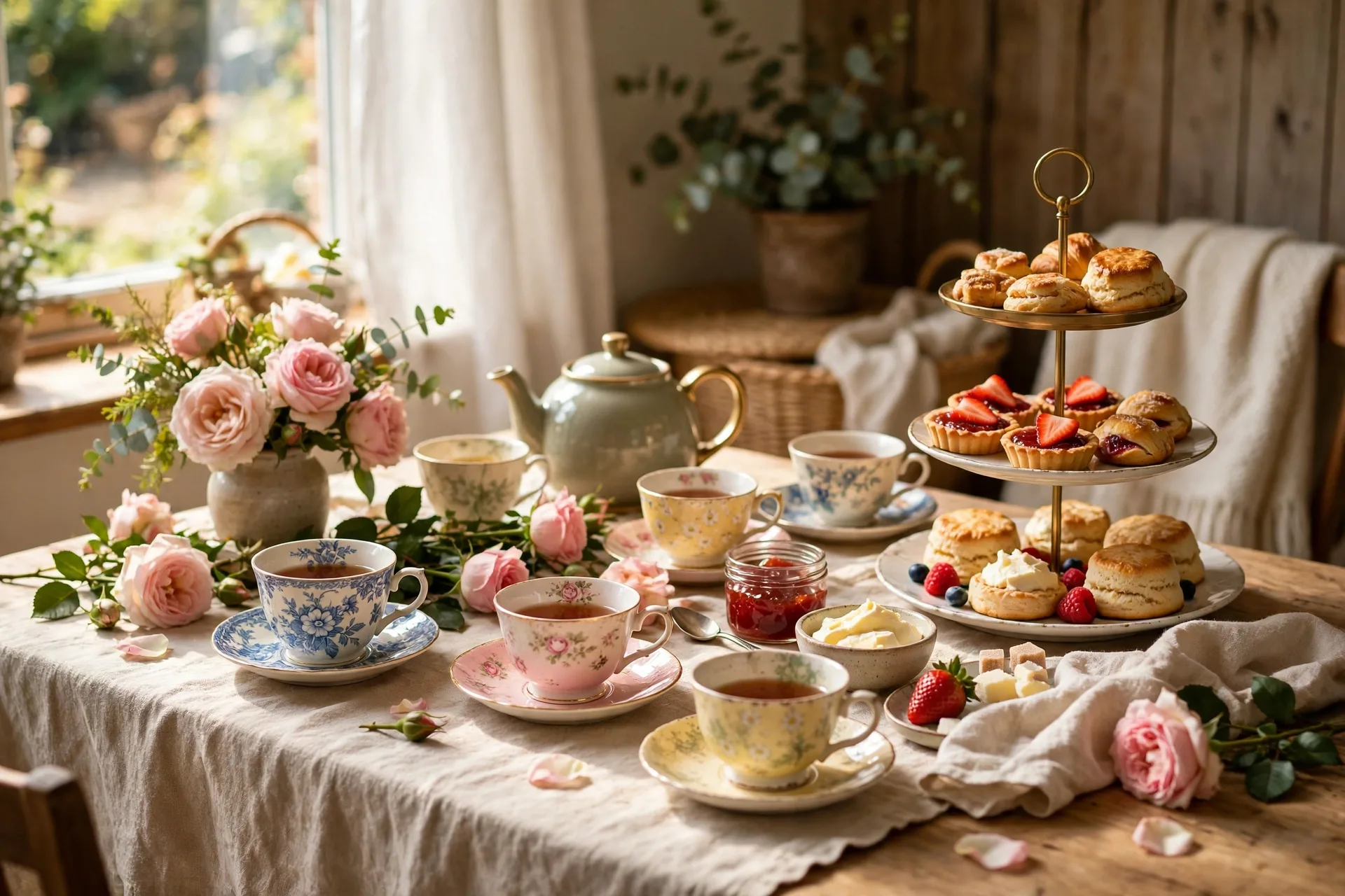 Tea party table with mismatched teacups a teapot roses and a tiered stand
