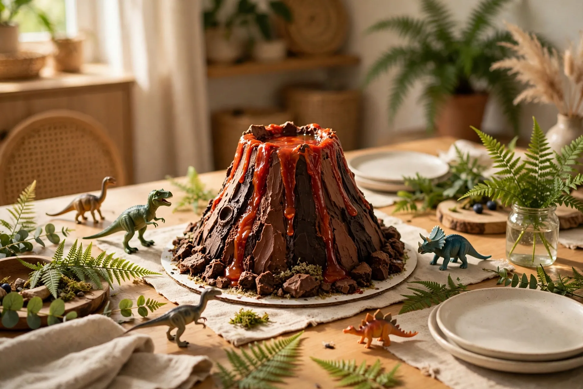 Dinosaur birthday table with plastic dinosaurs ferns and a volcano cake