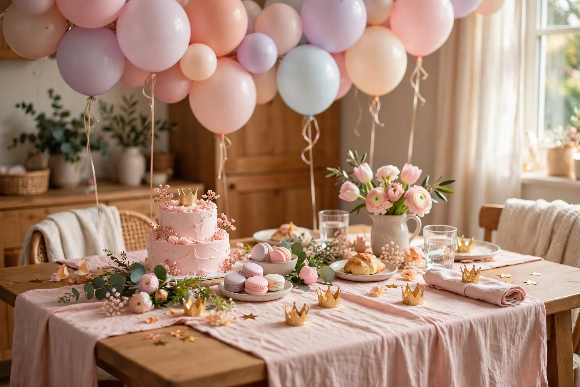 Princess birthday table with blush runner pastel balloons and small crowns