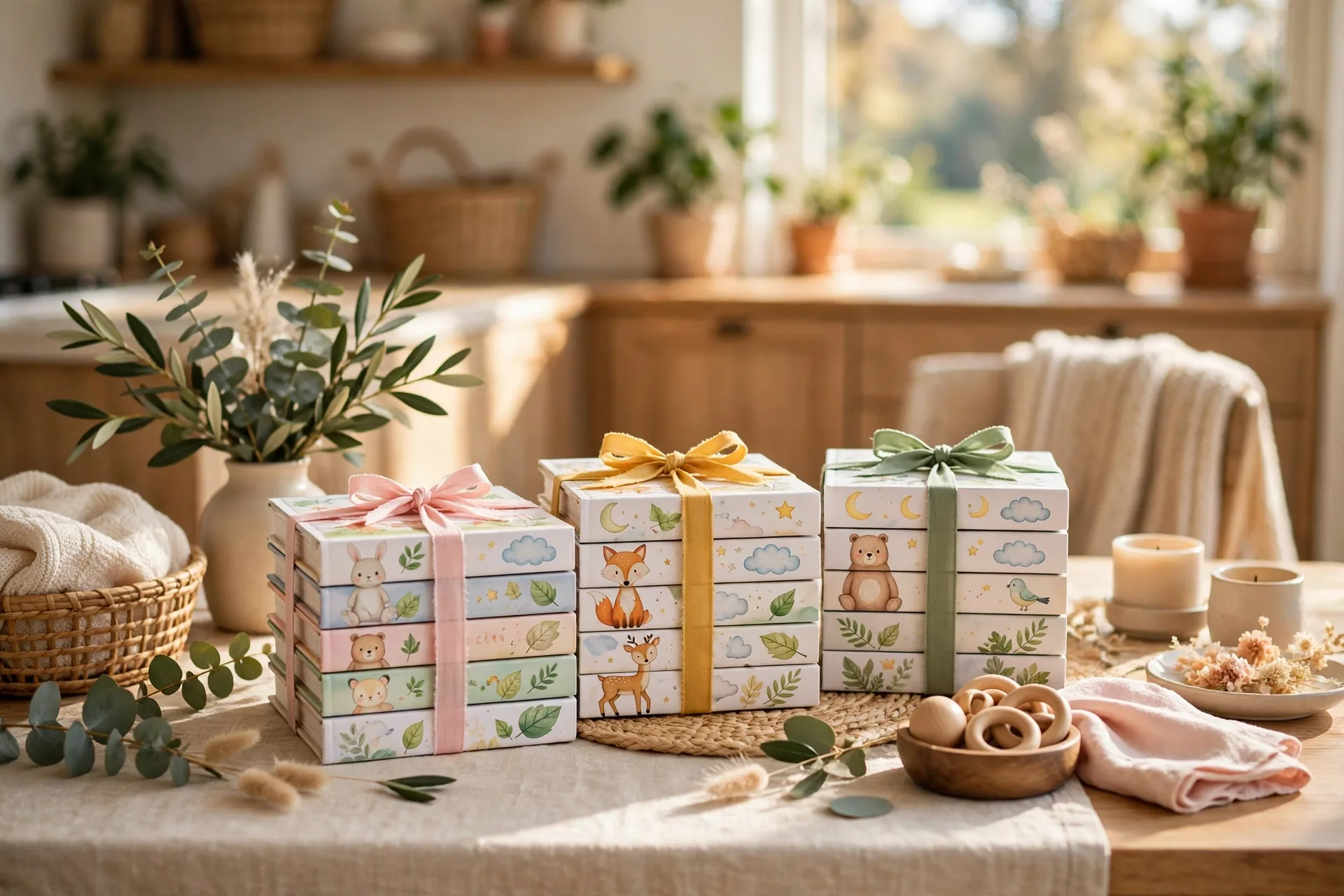 Baby shower table with stacks of children books tied with ribbon as centerpiece
