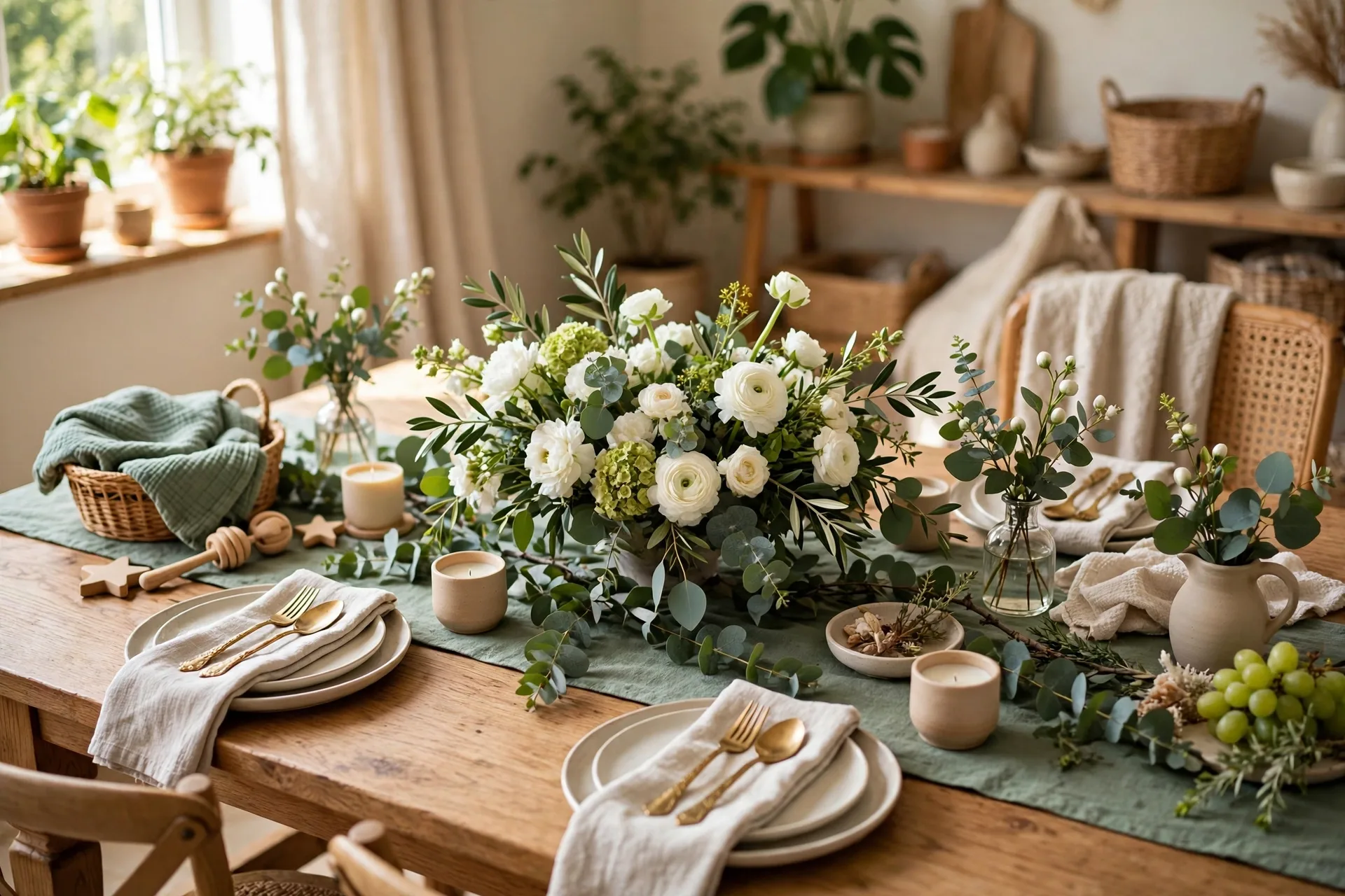 Baby shower table with sage runner eucalyptus sprigs and white and green flowers