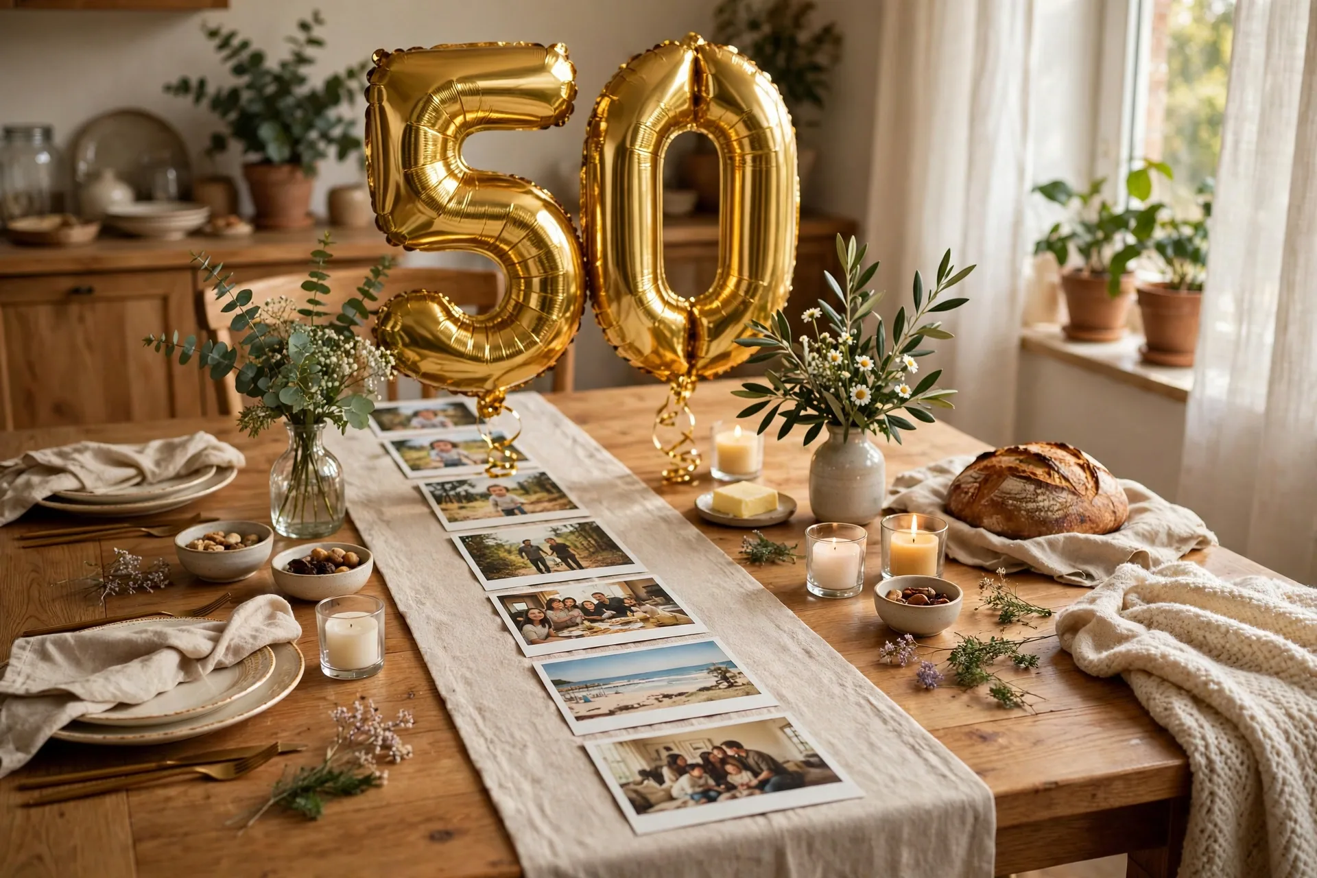 Milestone birthday table with a big gold number and photos down the runner