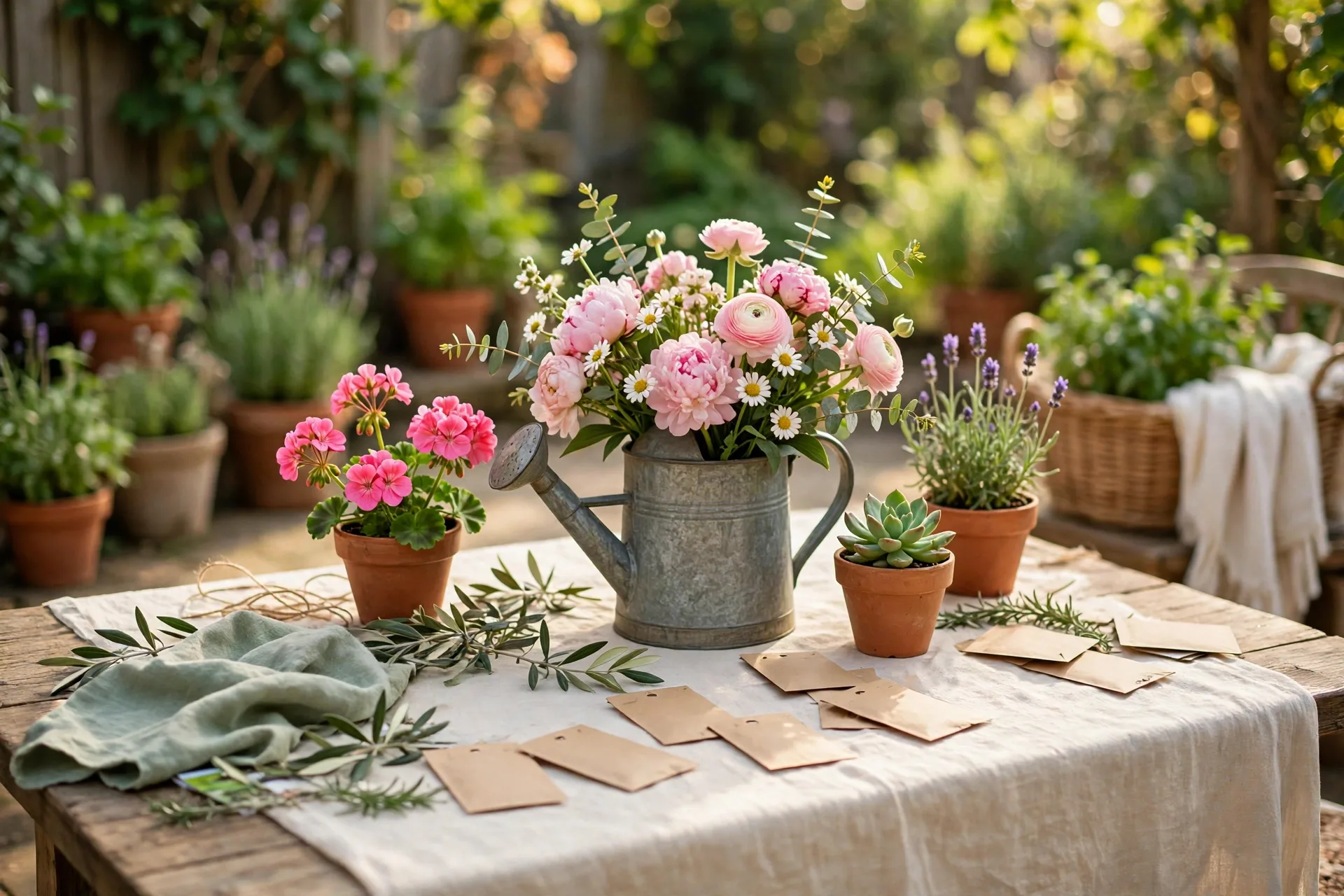 Garden baby shower table with potted flowers a watering can vase and seed packets