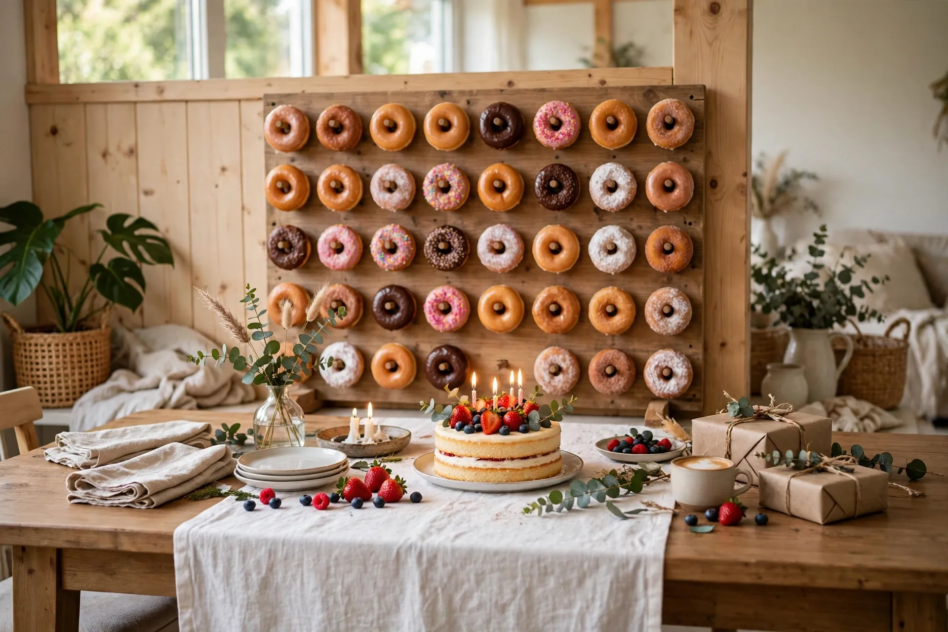 Birthday table with a donut wall stand behind it and a simple white runner