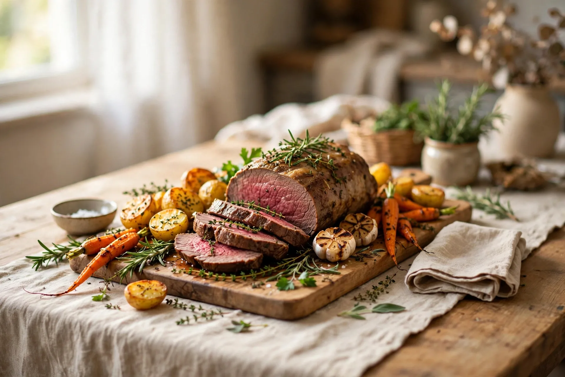 Sunday roast table with a linen runner herbs and the roast on a wooden board