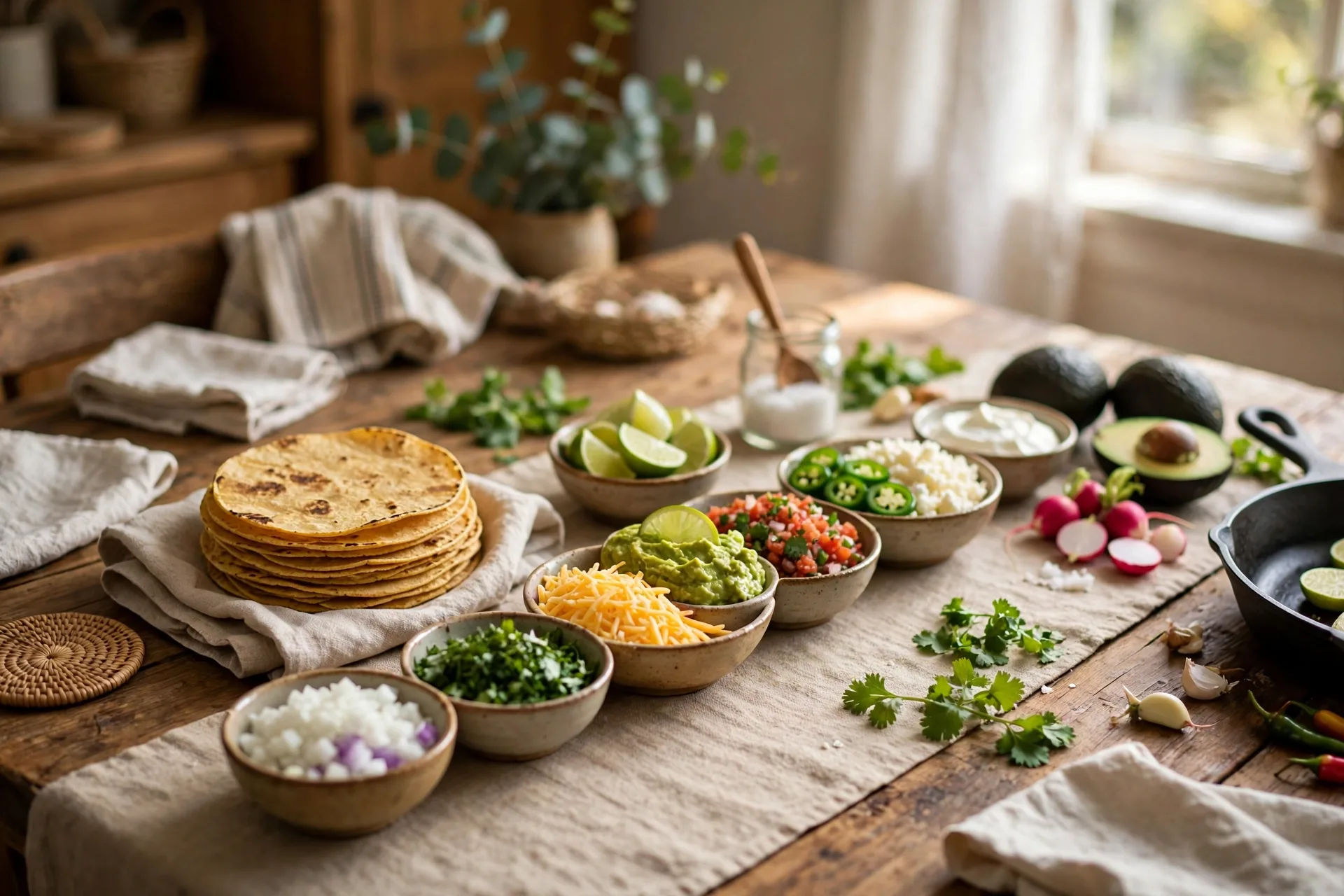 Taco night table with small bowls of toppings down the center and tortillas